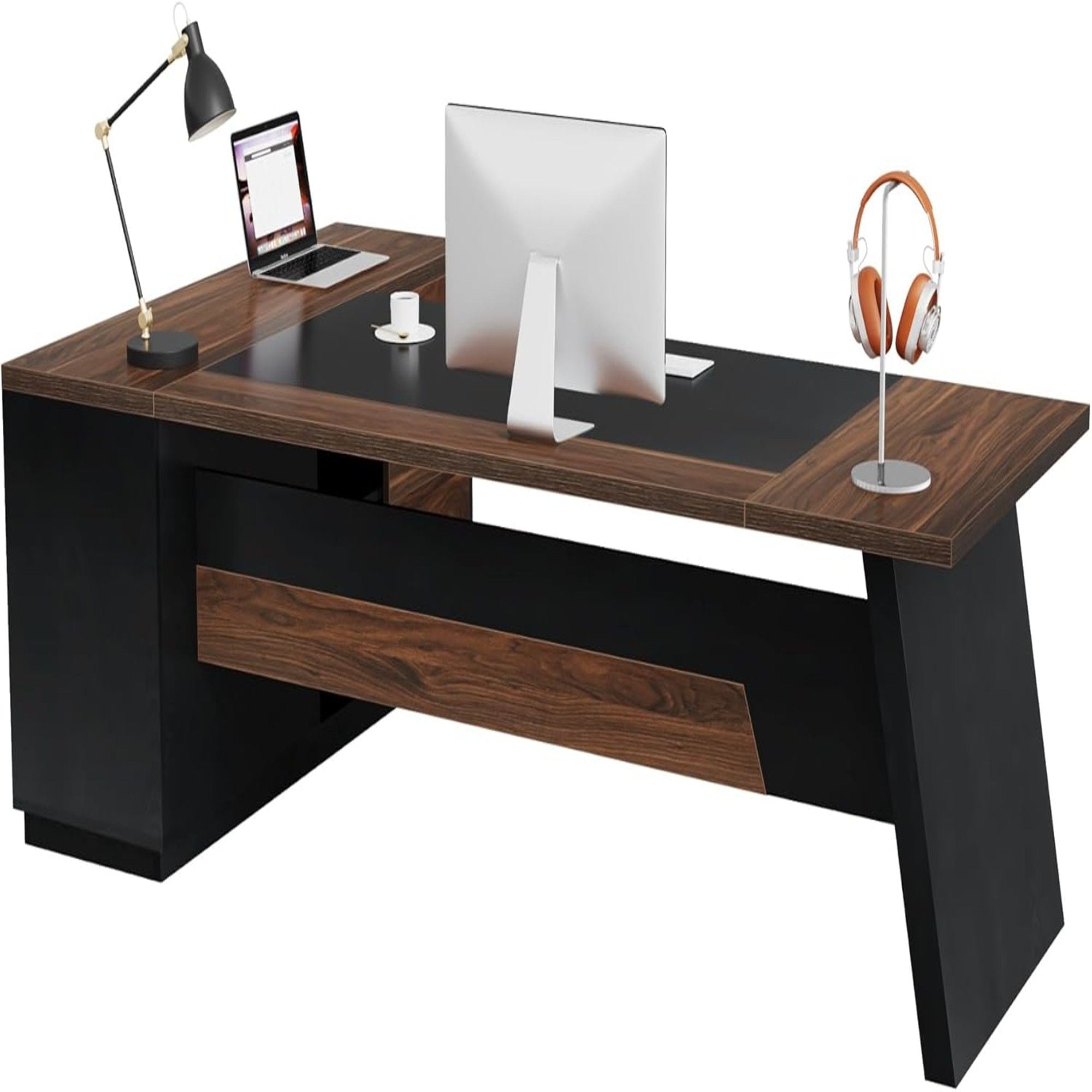 L-Shaped Executive Desk With File Cabinet & Drawers, Large Home Office Computer Workstation