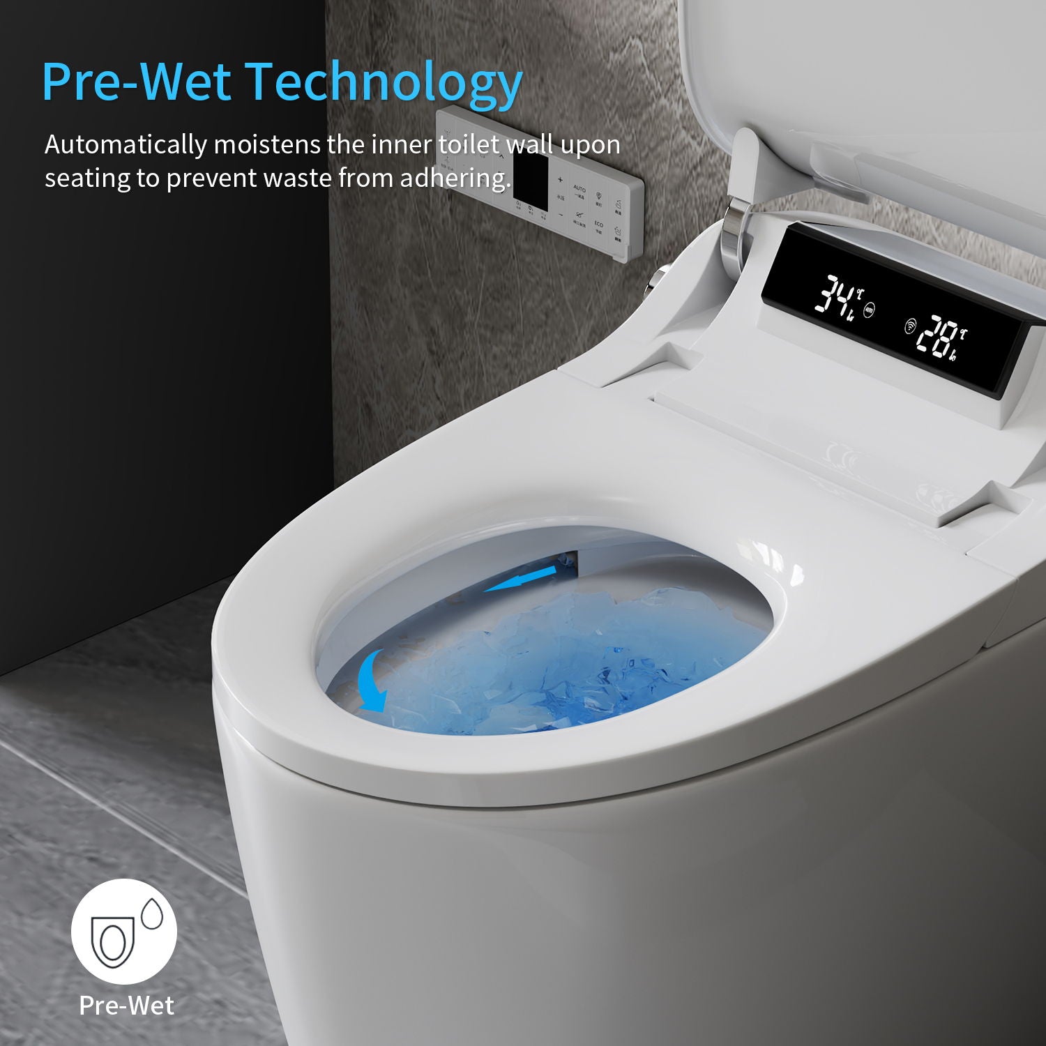 Smart Toilet Bidet Combo With Foot Sensor Open Cover / Seat, Self Cleaning Nozzle, LED Display, Three Level Heated Seat / Airflow, Night Light, Knob Control, Soft Close, Auto Flush, With Remote Control - Gloss White