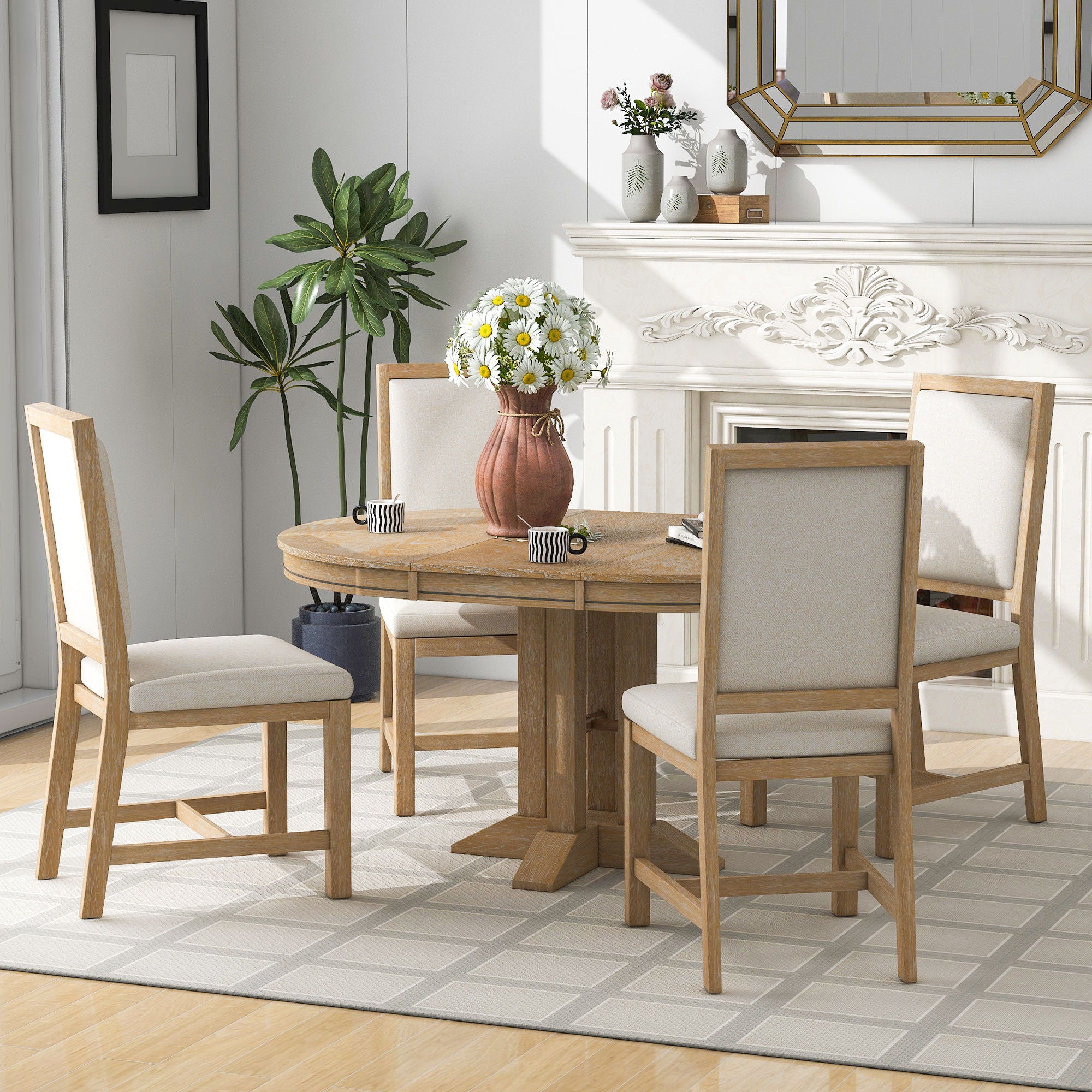 5 Piece Dining Set With Extendable Round Table And Upholstered Chairs