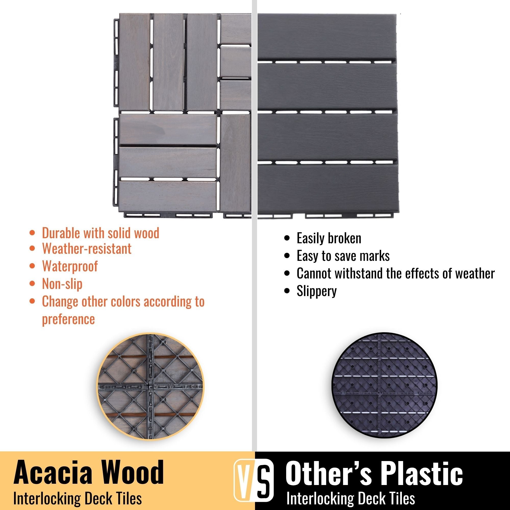 Acacia Wood Interlocking Deck Tiles Checker Pattern For Outdoor Flooring