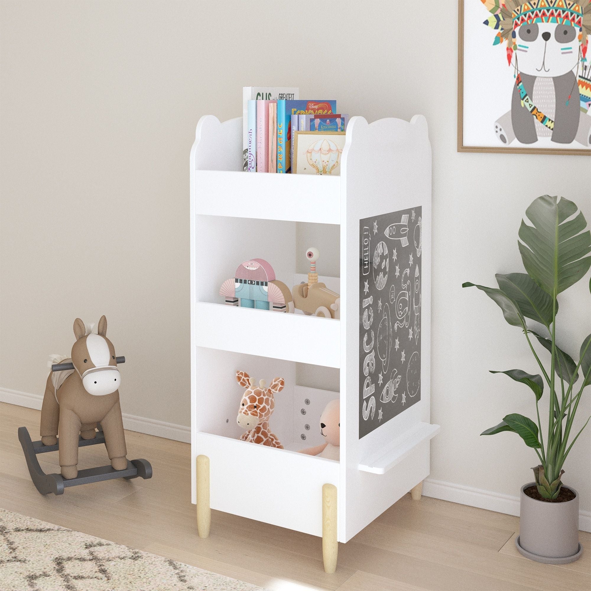 Bear Shaped Bookshelf With Chalkboard Side, 3 Tier Storage Organizer For Playroom - White