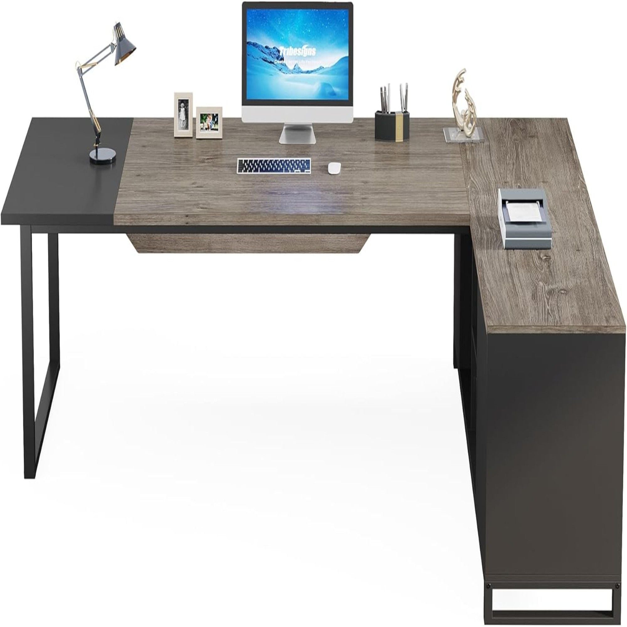 L-Shaped Executive Desk With File Cabinet, Computer Workstation With Storage