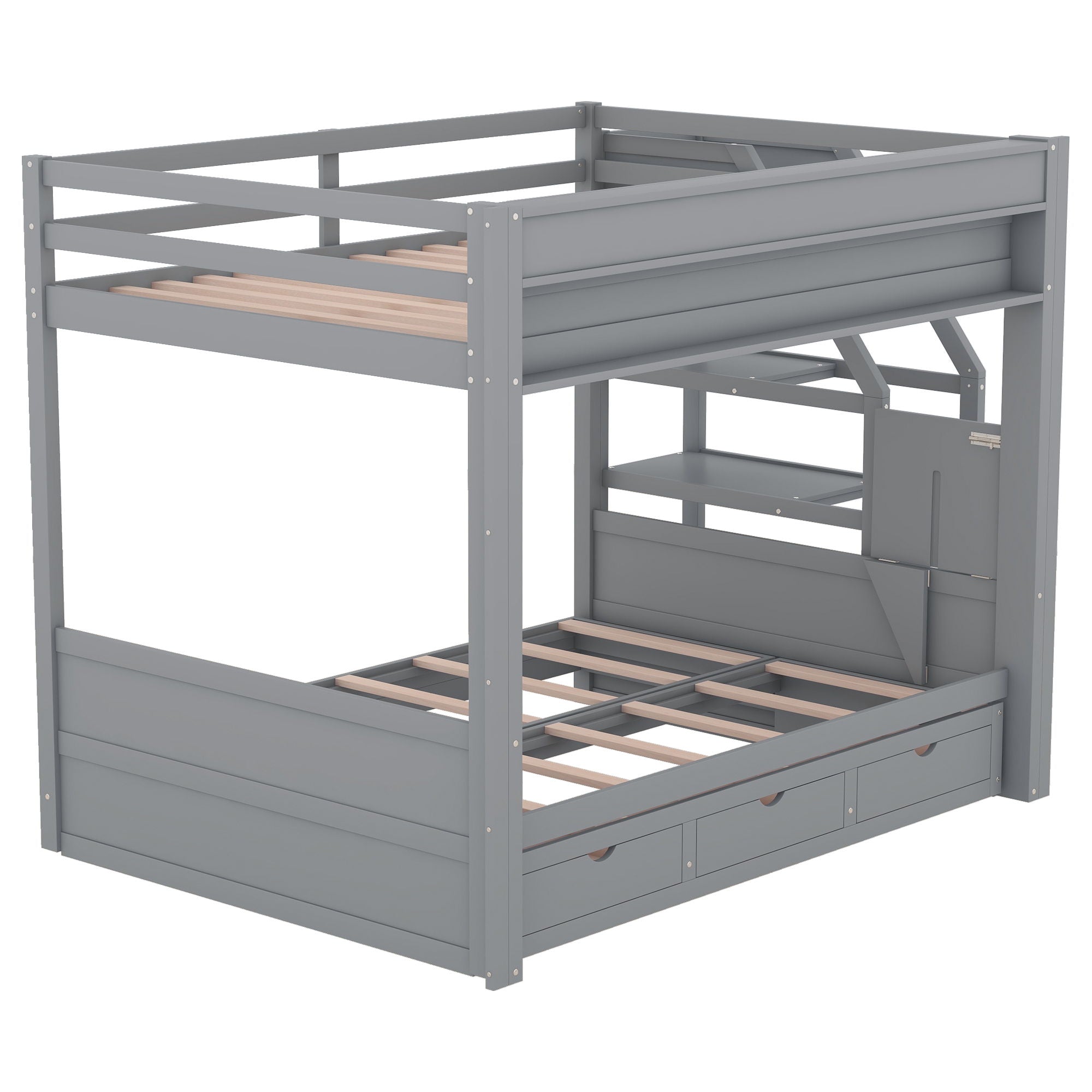 Wood Full Size Convertible Bunk Bed With Storage Staircase, Bedside Table, And 3 Drawers - Gray