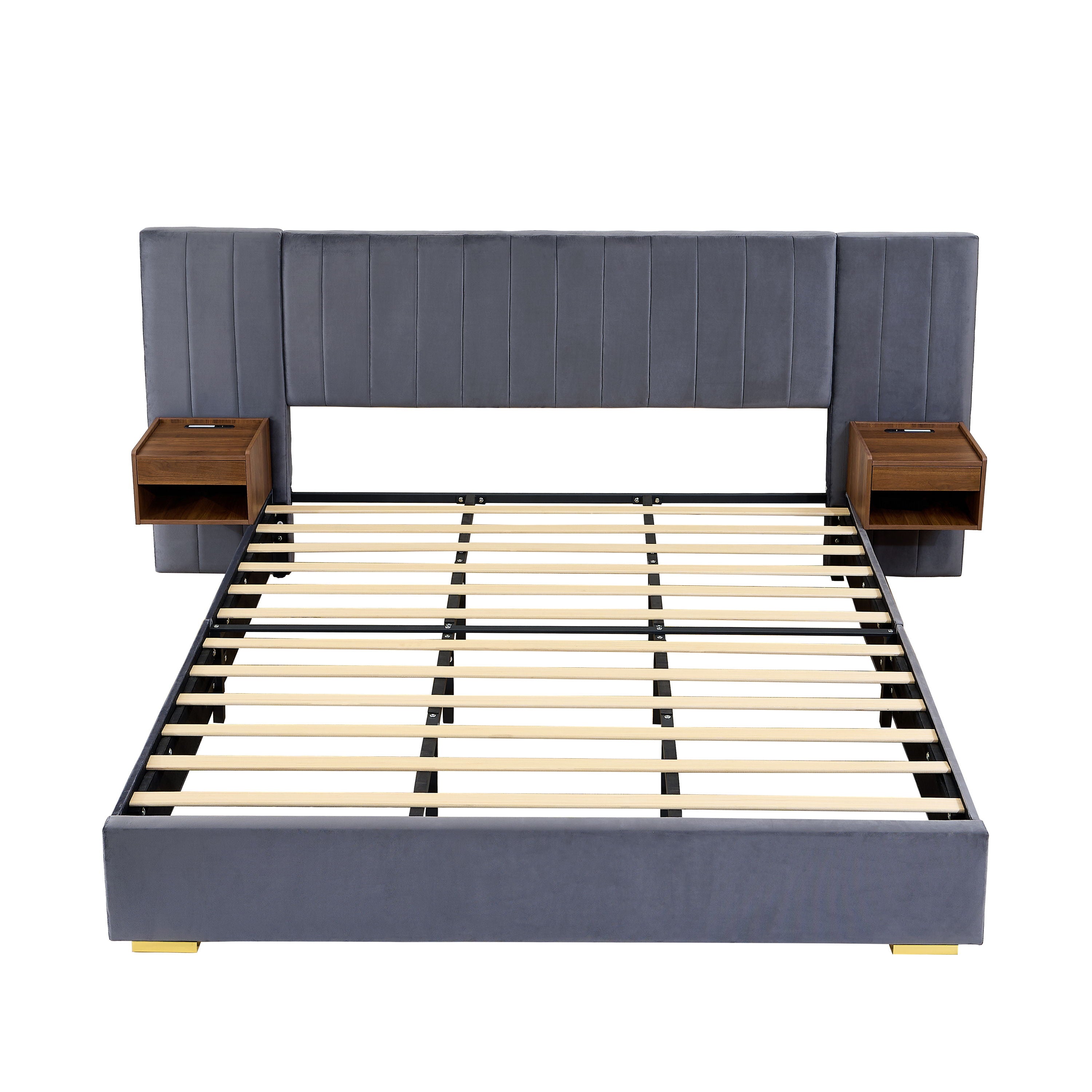 Upholstered Bed Frame Of Velvet Tufted Headboard With Floating Nightstand LED / USB Built