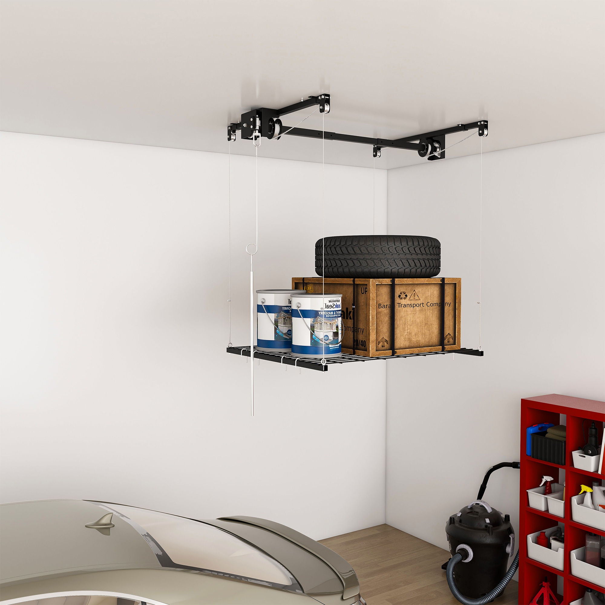 Overhead Garage Storage Rack 4 X 4 Ft For High Ceilings, With Safety Lock - Black