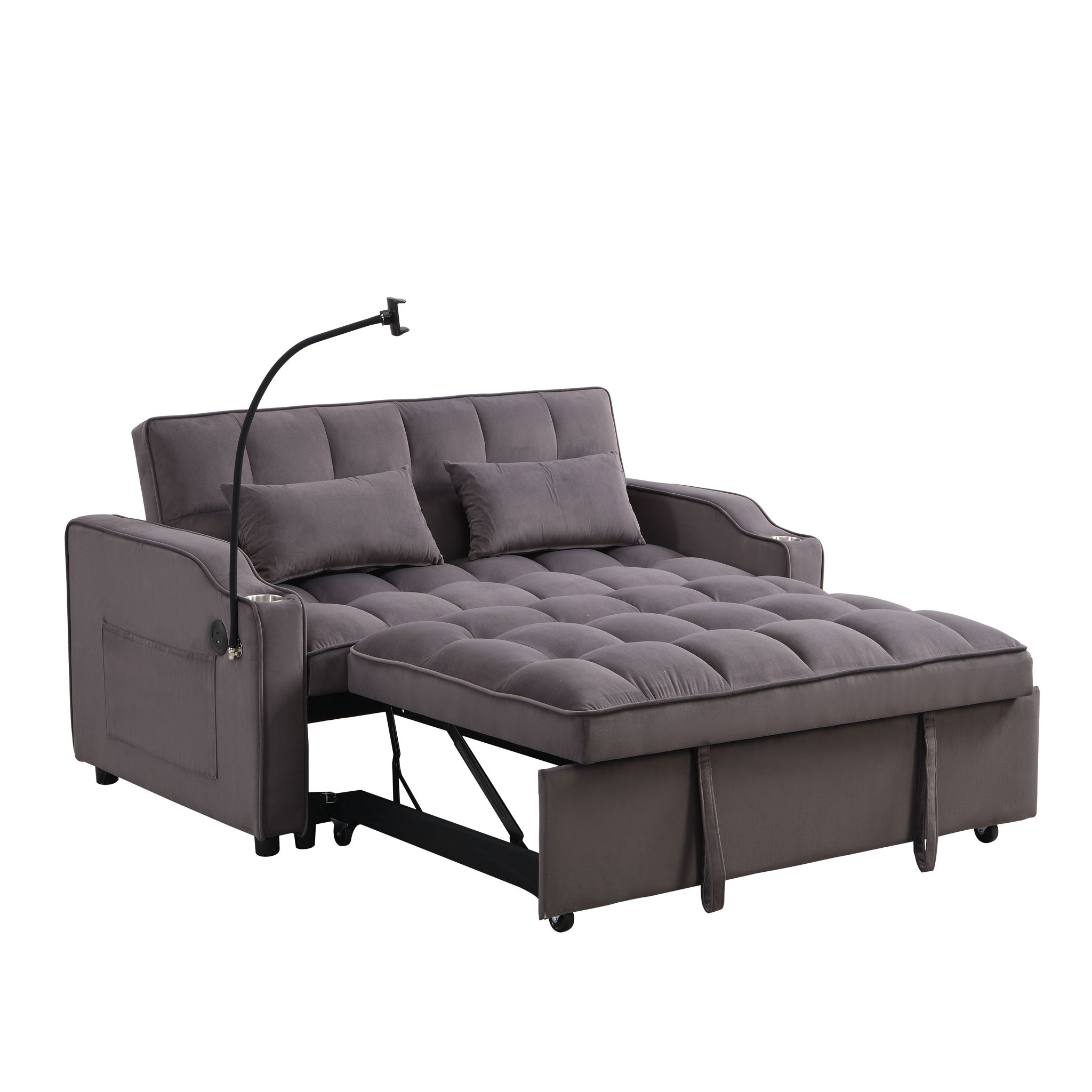 Modern Velvet Loveseat With Pullout Bed, Adjustable Reclining Backrest