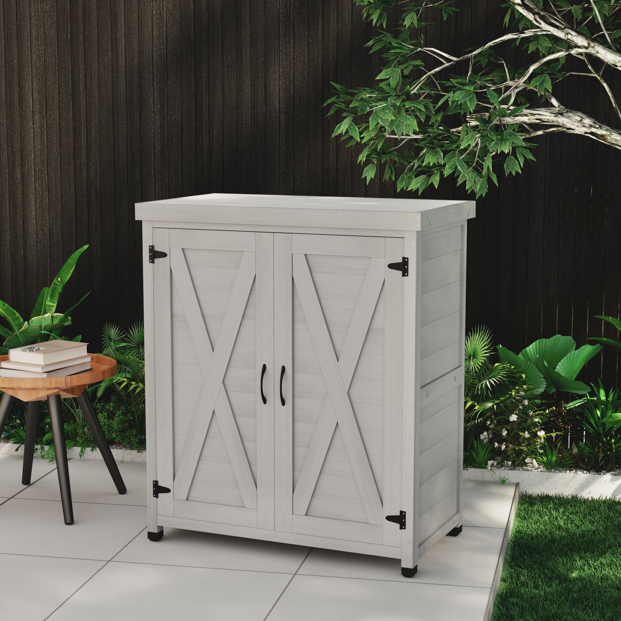 Rustic Cedar Wood Potting Bench With Storage Cabinet And Metal Top For Outdoor Patio - Gray