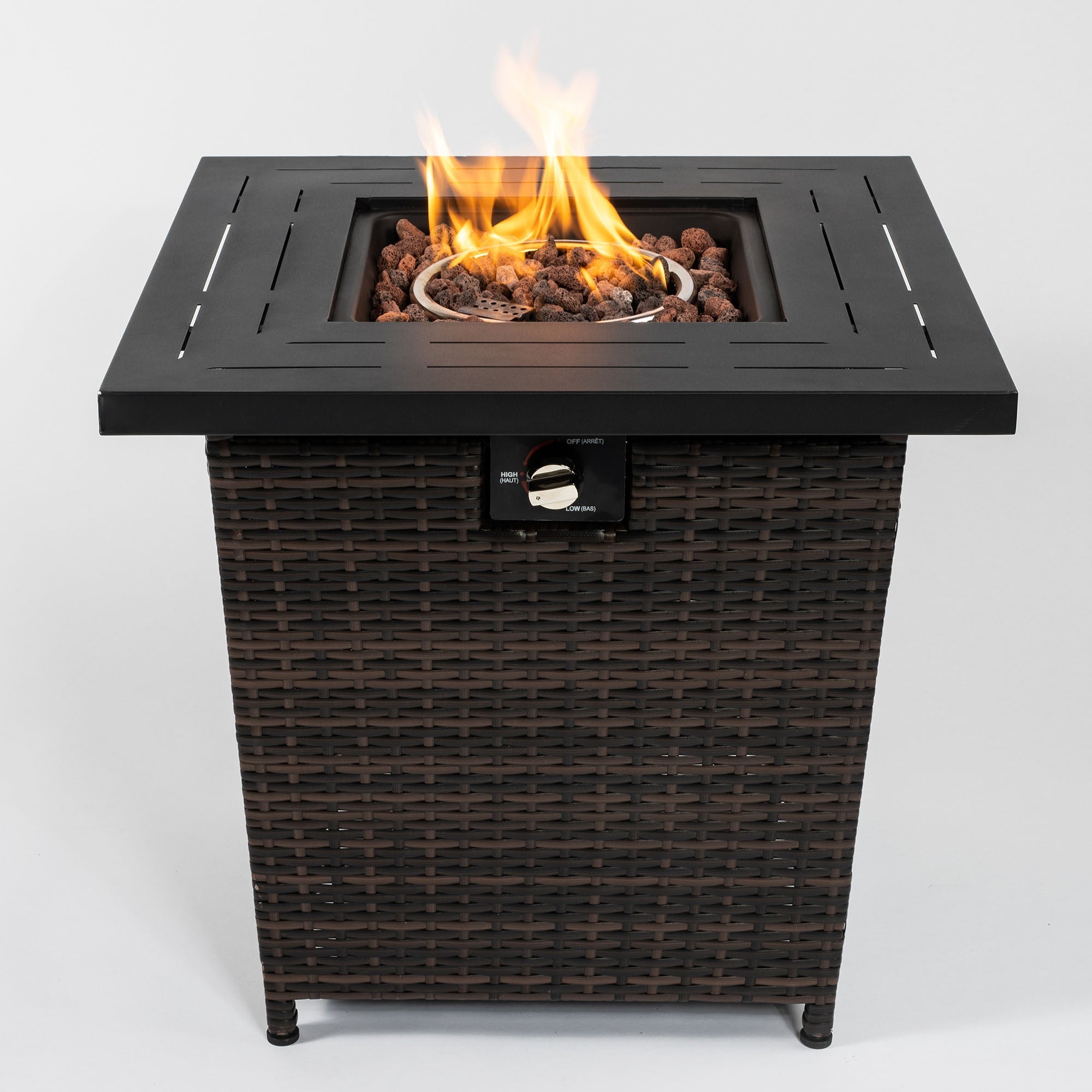 28-Inch Black Wicker Outdoor Propane Gas Fire Pit Table with Steel Top and 50,000 BTU Heat Output