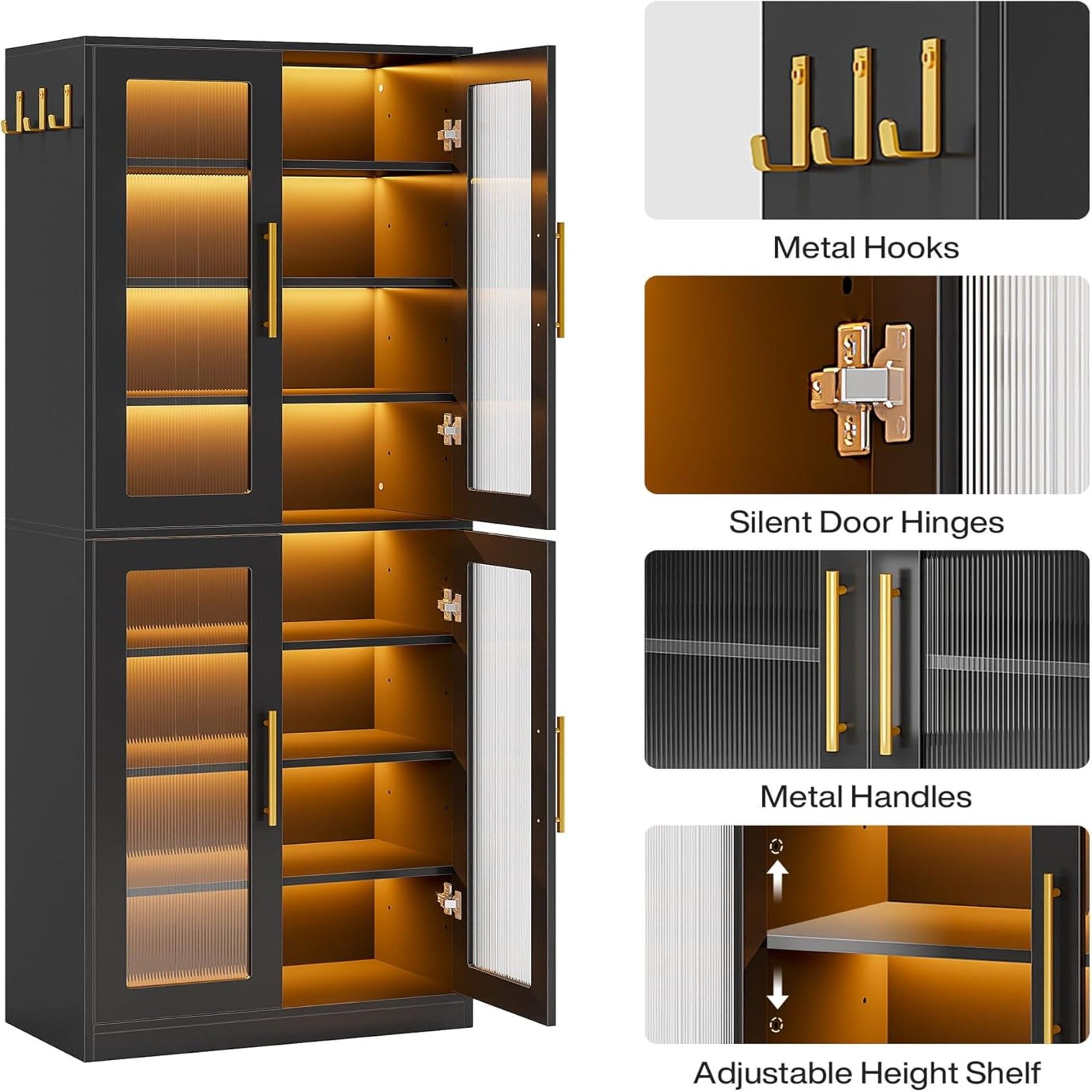 Bookcase With Doors And LED Lighting, 8 Adjustable Shelves Storage Cabinet