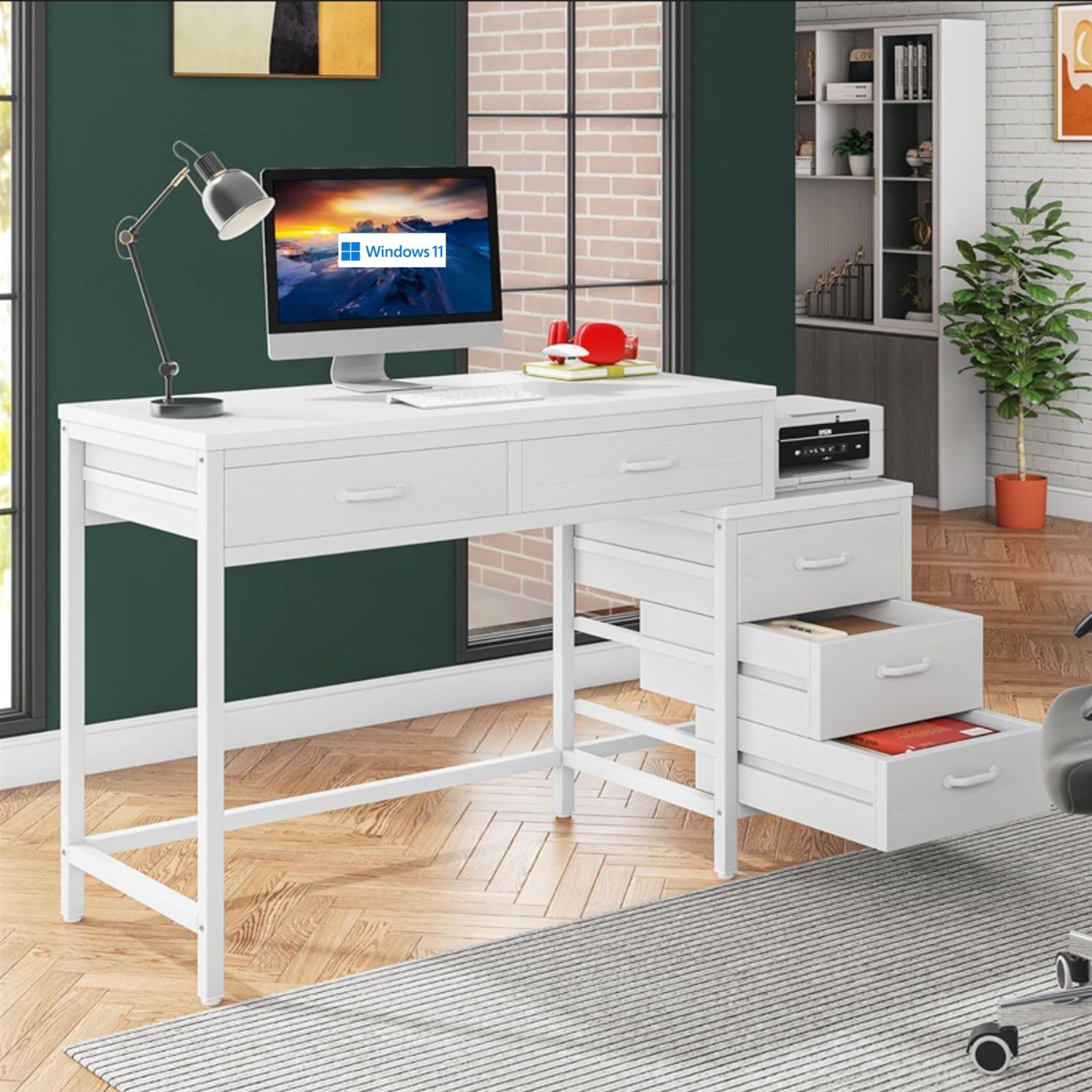Computer Desk With Reversible 5 Drawer Storage, Frame Writing Table For Small Spaces