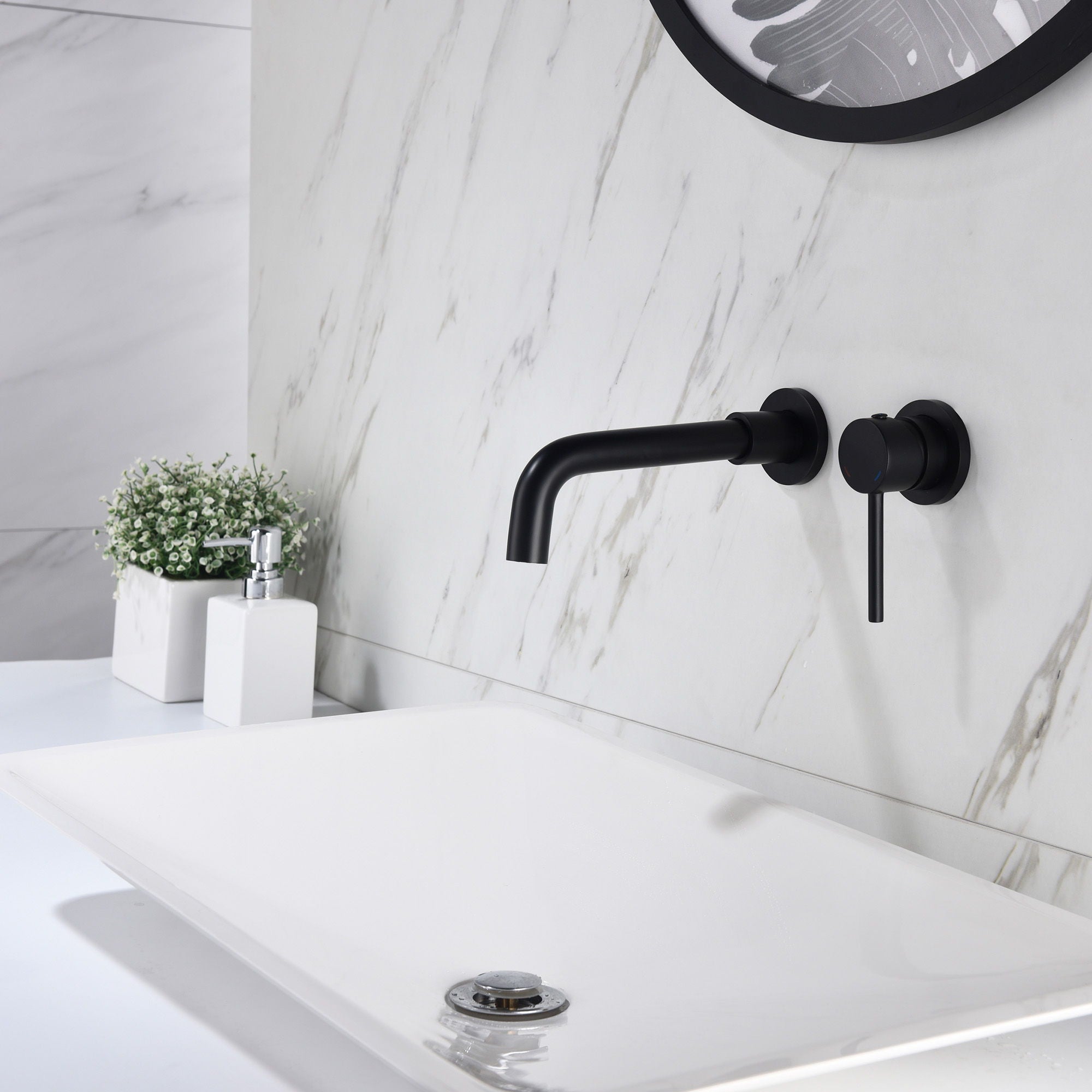Modern Wall Mount Single Handle Bathroom Sink Faucet, Curved Spout - Matte Black Brass