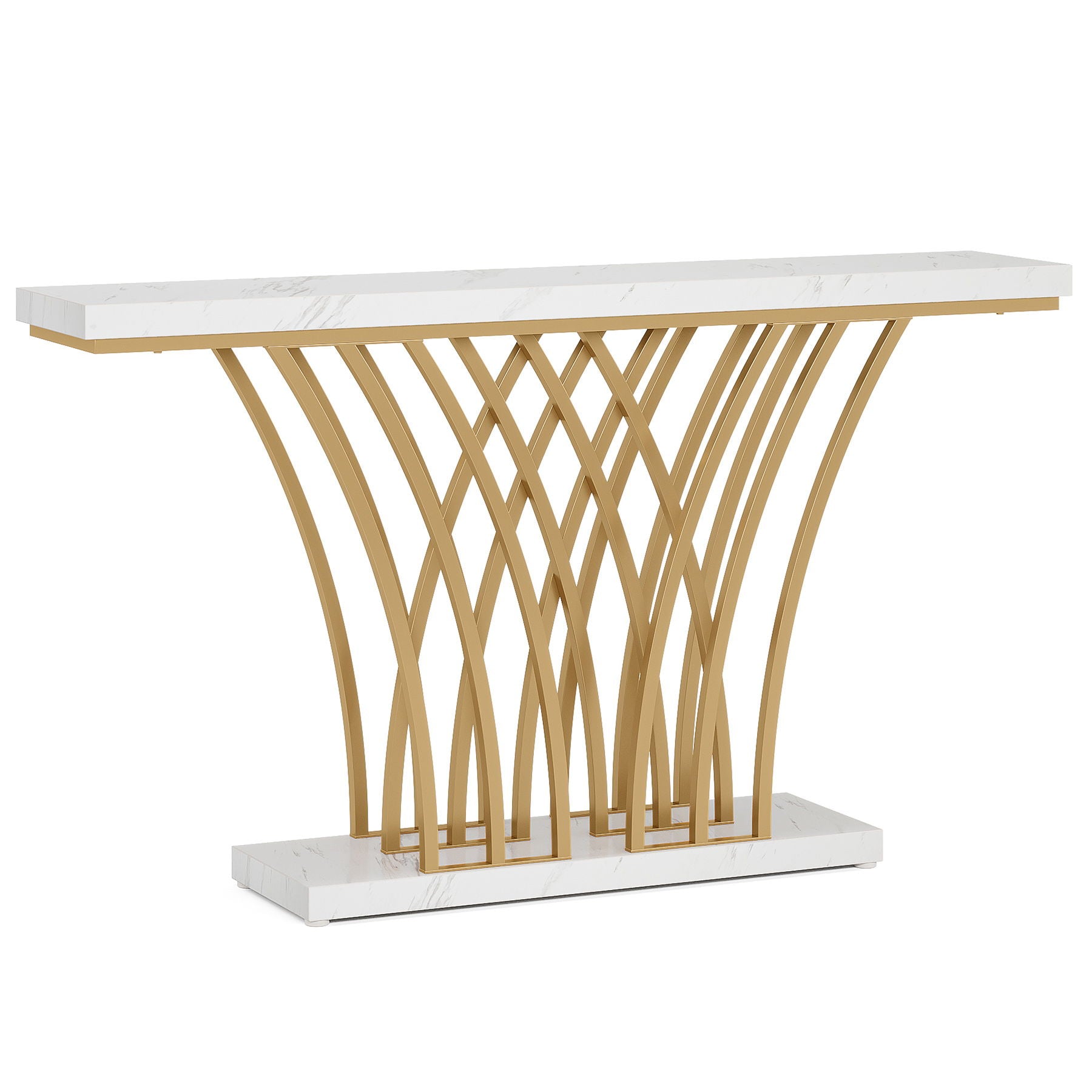 Console Table With Grid Base For Living Hallway - White / Gold