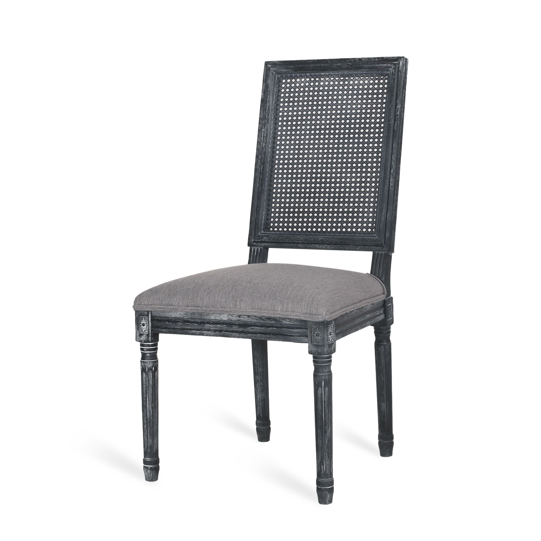 French Country Dining Chair With Rectangular Cane Backrest And Smooth Upholstered Seating