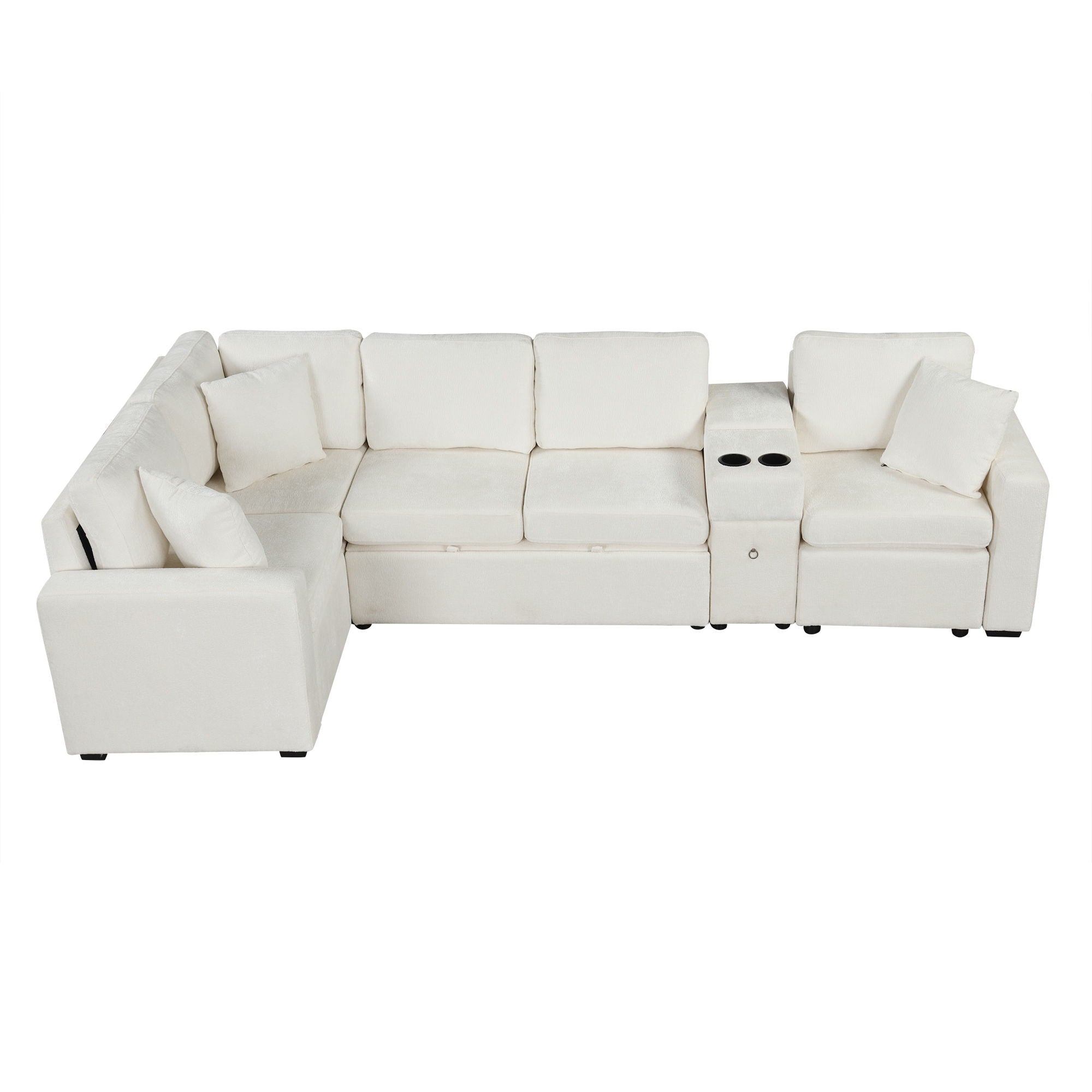 Modular L-Shaped Sectional Sofa Bed With Pull-Out Sleeper, Cup Holders, And Storage