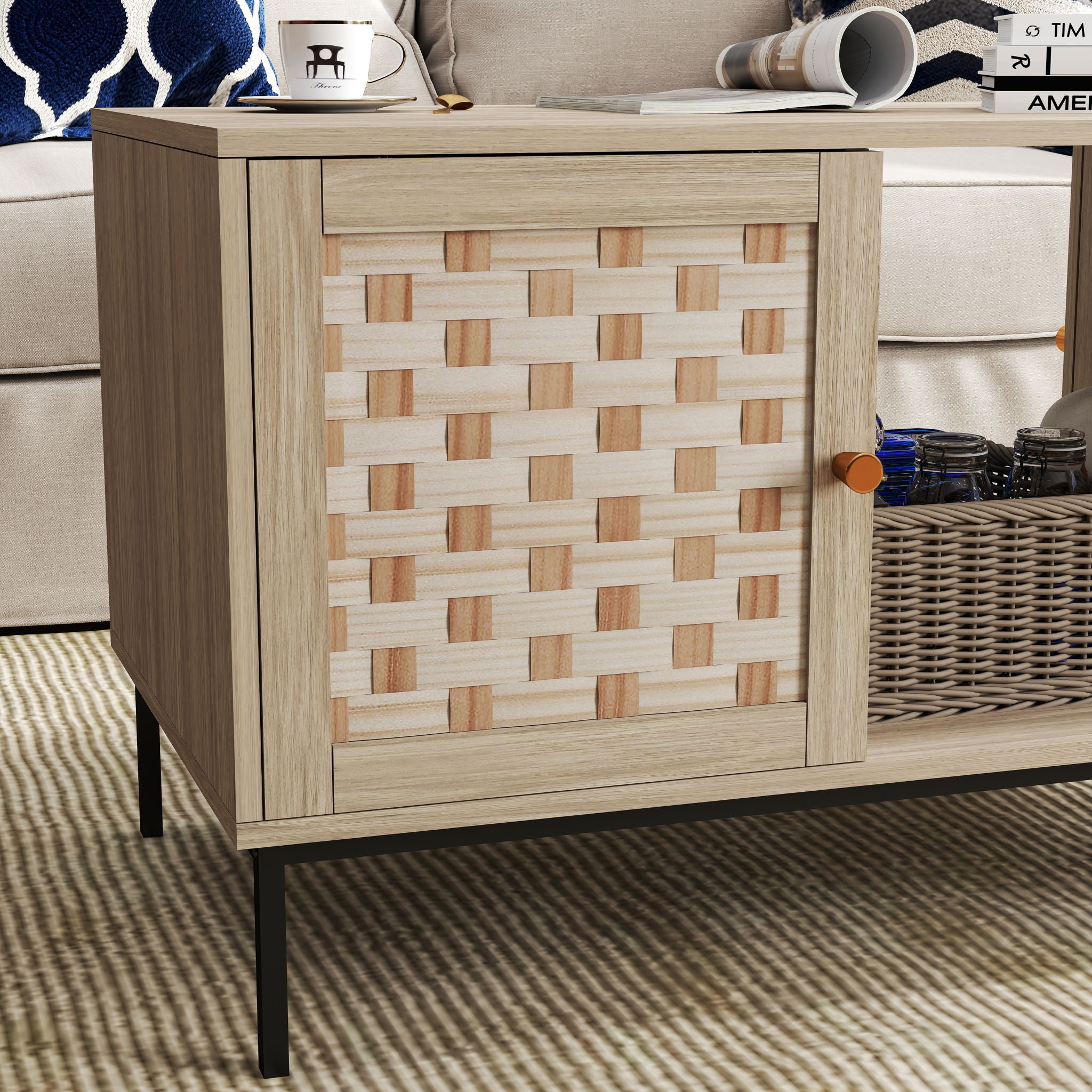 Elegant Veener Weaving Design Coffee Table With 4 Sliding Doors - Natural Wood