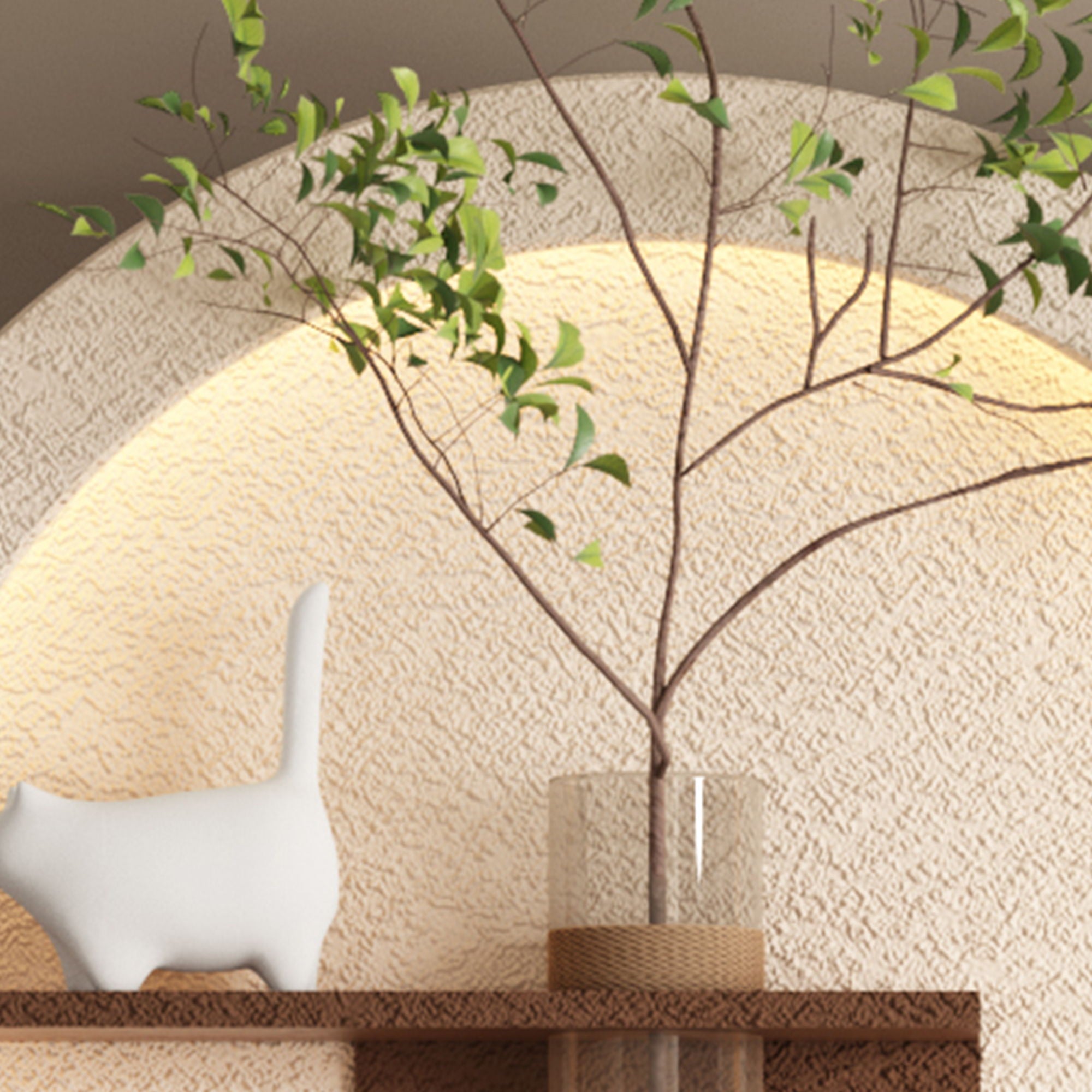 Adjustable 3 Color LED Sandstone Double Disc Wall Art With Simulated Greenery, Vase & Rabbit Statue - Light Coffee