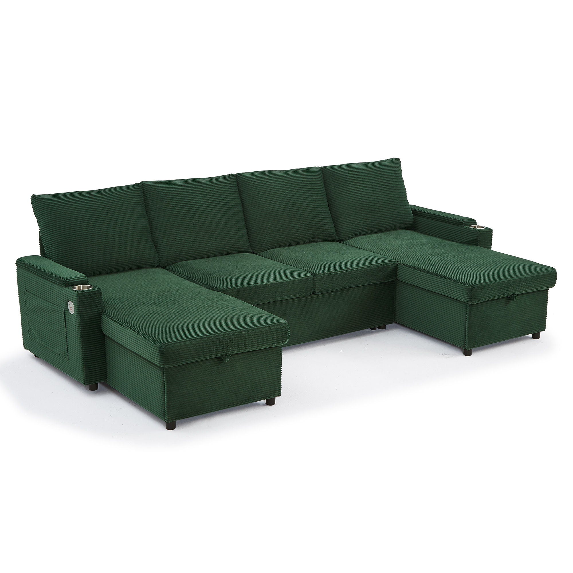 U Shaped Sectional Sofa Bed With Storage Chaise Lounges, USB Ports, And Cup Holders