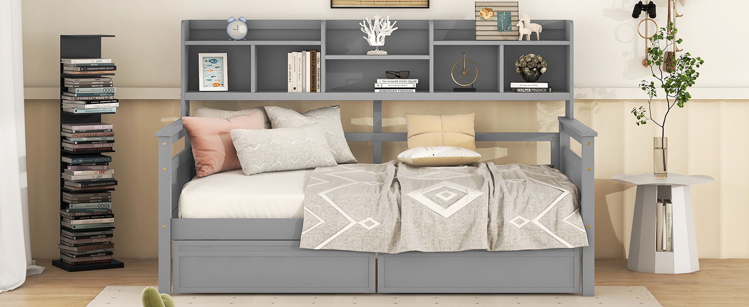 Daybed, Slat Support, With Bedside Shelves And 2 Drawers