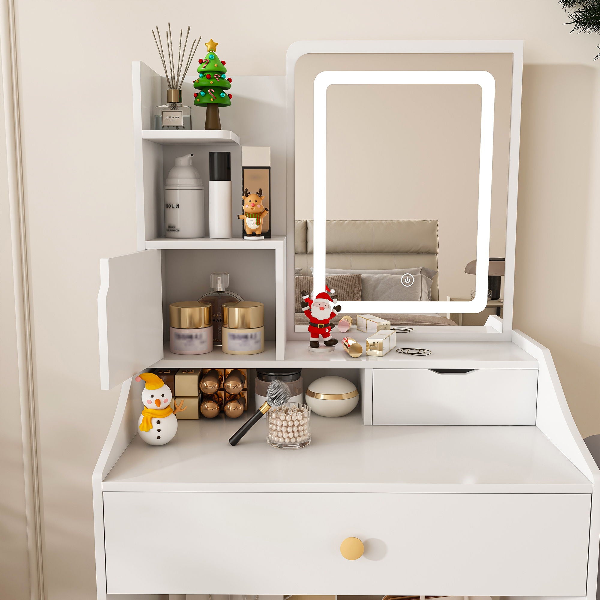 LED Vanity Mirror With Stool, 2 Drawers & 5 Storage Cabinets, Adjustable Lighting Mdf Dressing Table For Bedroom - White