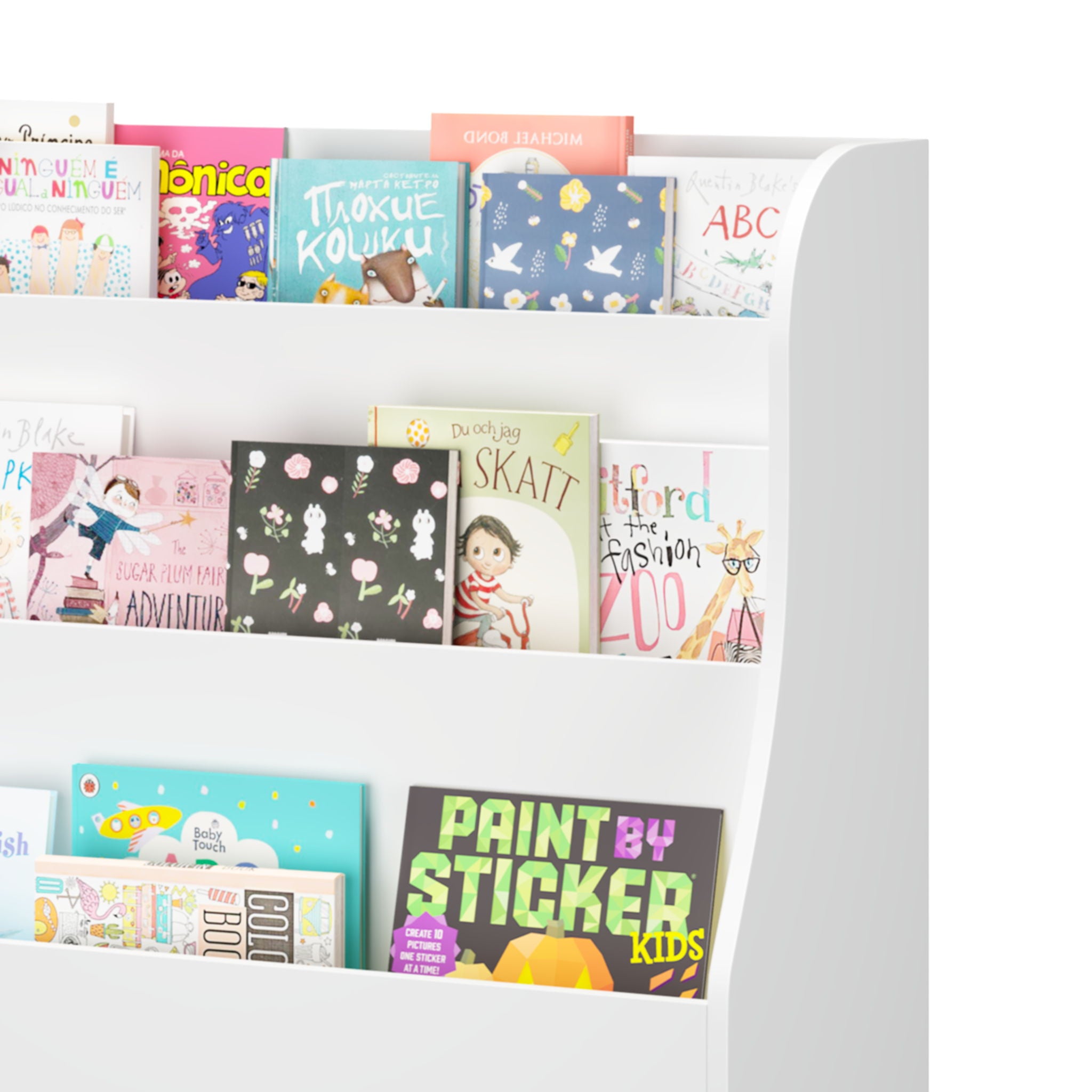 Bookshelf With 3 Storage Bins, Book Display Organizer, Front Facing Book Rack - White