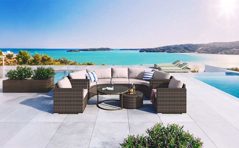9 Pieces Outdoor Half-Moon Patio Sofa Set, Round Sofa Set, Modern Style Sofa - Brown / Beige