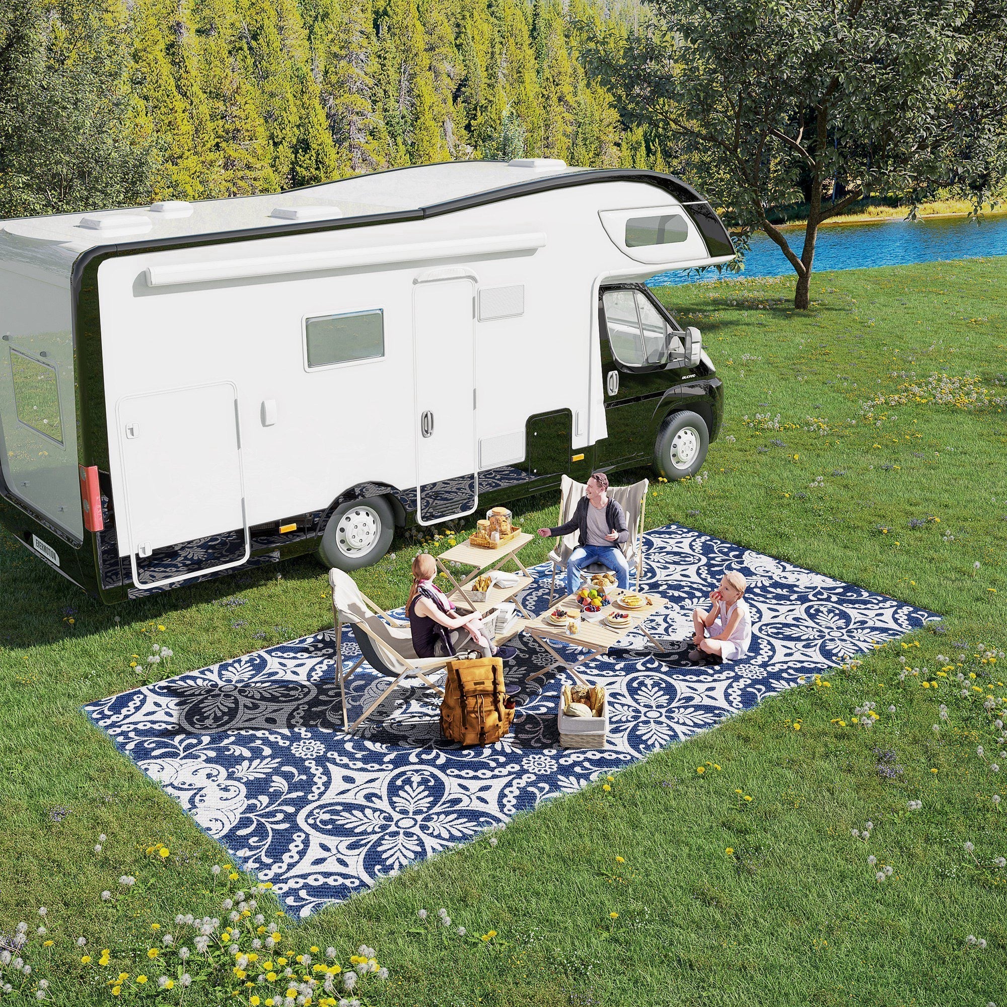 Reversible outdoor rug carpet, 9 x 18" waterproof plastic straw rug with carry bag