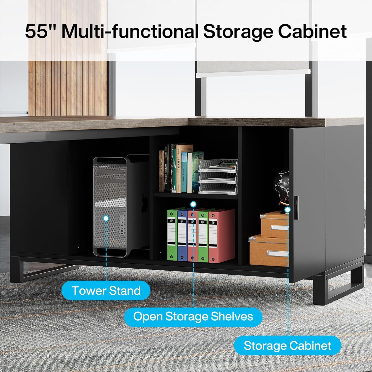 L-Shaped Executive Desk With File Cabinet, Computer Workstation With Storage