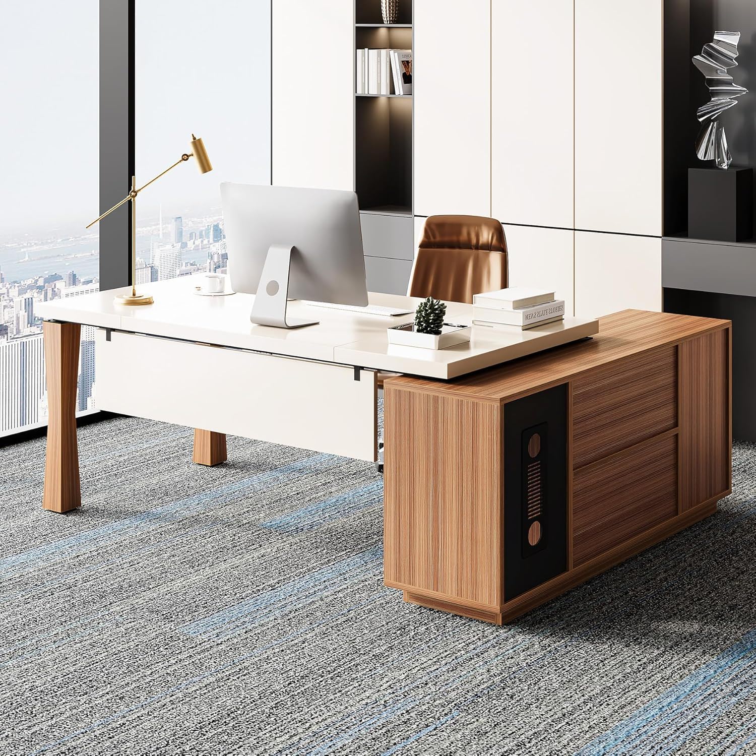 L-Shaped Executive Desk With Storage Cabinet, Home Office Workstation With Shelves - White / Walnut