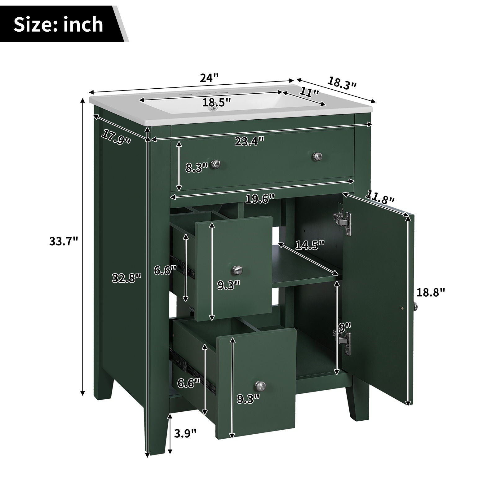 Bathroom Vanity With Basin, Rectangular Cabinet With 2 Drawers And Soft Closing Door