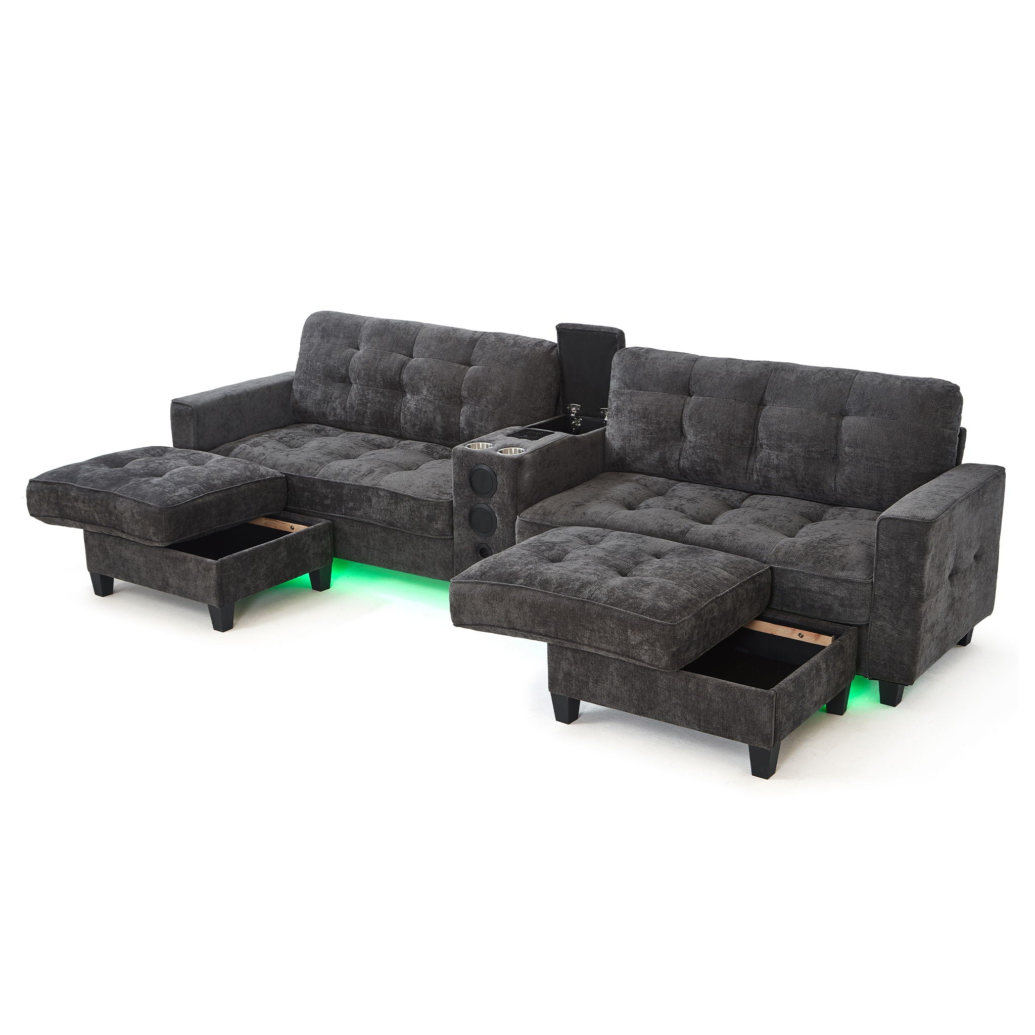 Modern Sectional Sofa U-Shaped With Movable Ottomans, Bluetooth Speakers, LED Lights And Modular Storage