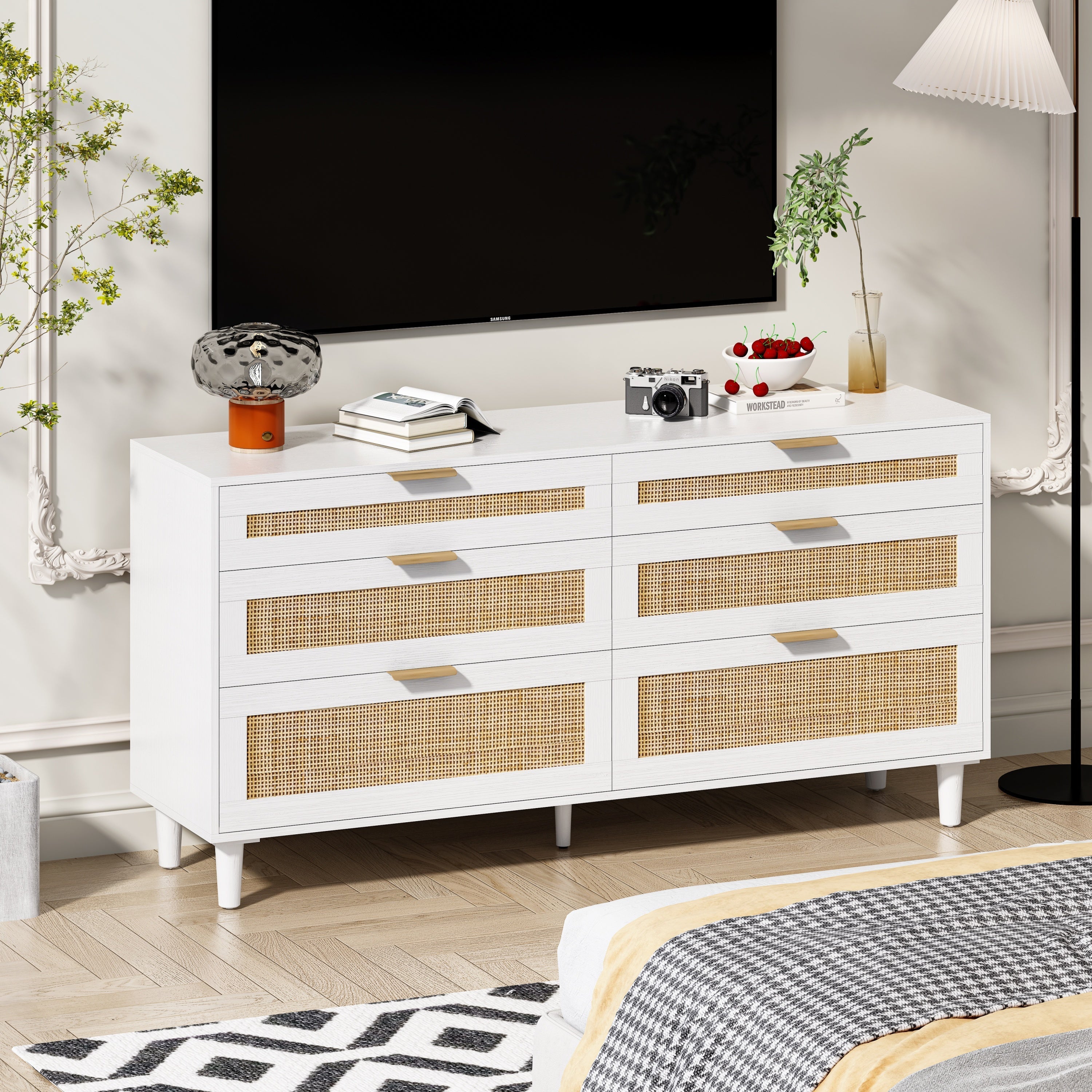 White Rattan Dresser with 6 Drawers, Metal Handles & Wood Legs