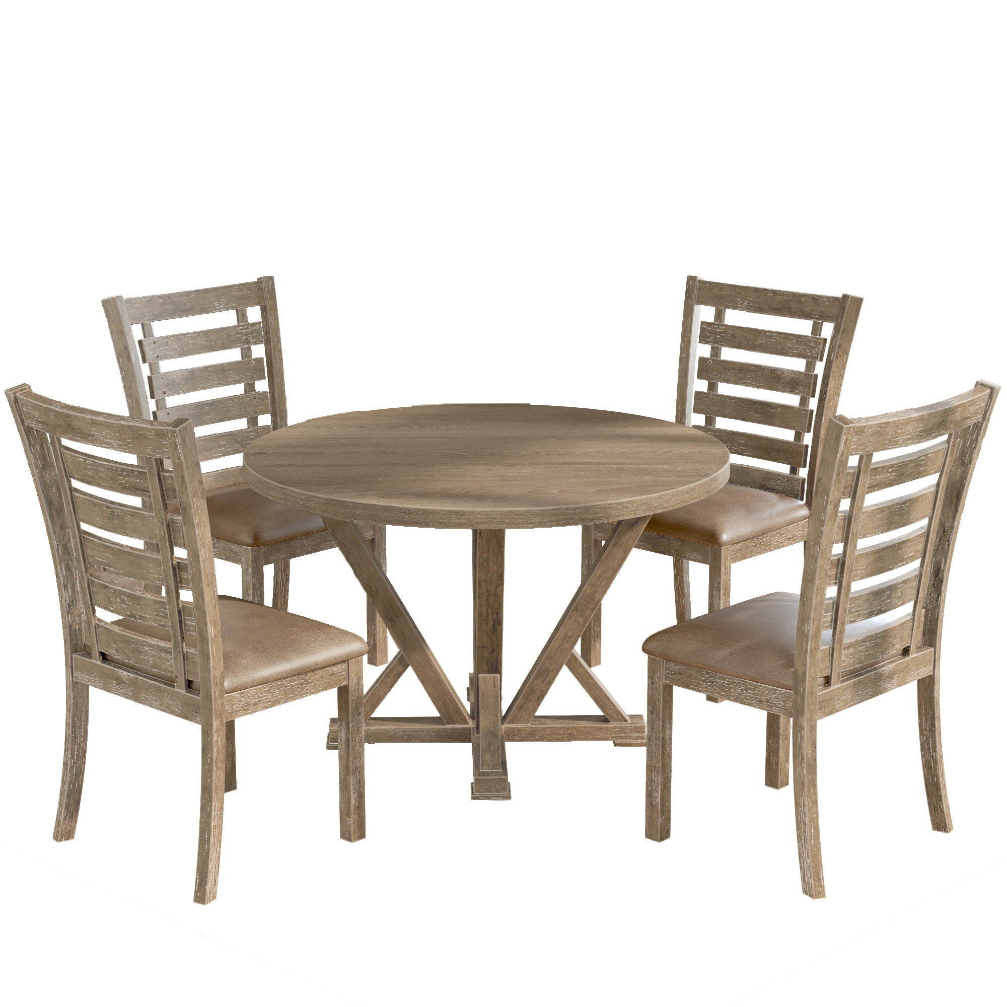 Modern Farmhouse Round Dining Table Solid Wood Rubberwood Antique Finishing Rustic Look Distressed Look Wire Brushed For 4 Seaters - Grayish Brown