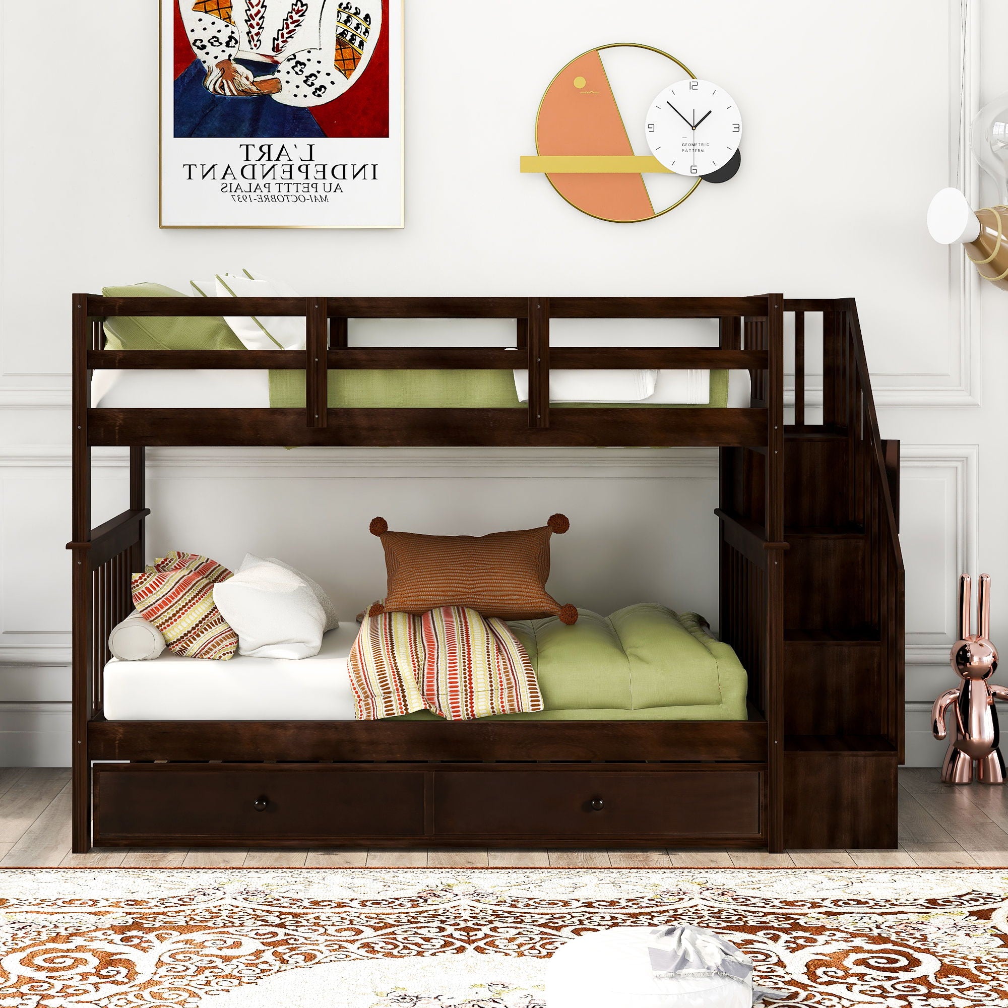 Stairway Bunk Bed With Storage And Guard Rail For Bedroom