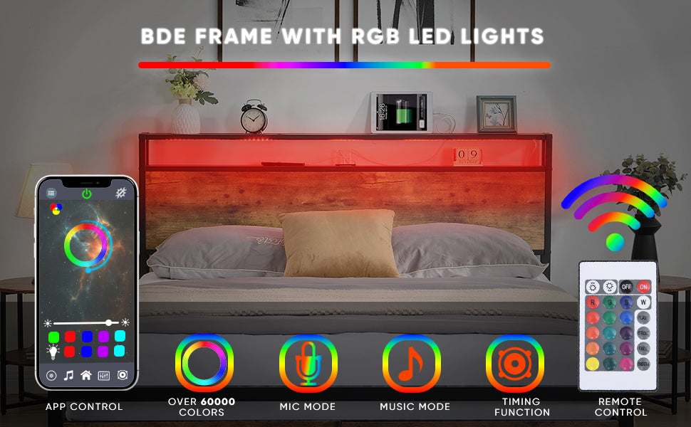 Bed frame with storage, led headboard, drawers & usb port