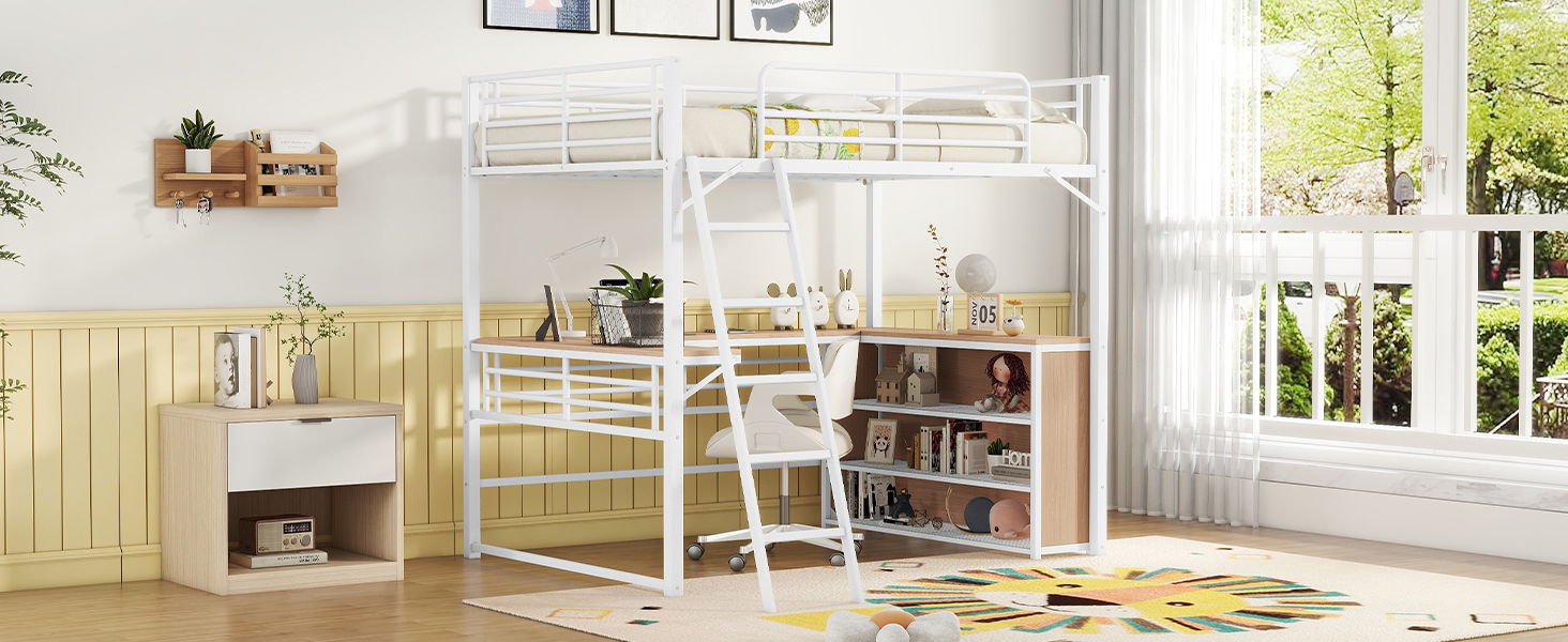 Loft Bed & 3 Layers Of Shelves And L-Shaped Desk