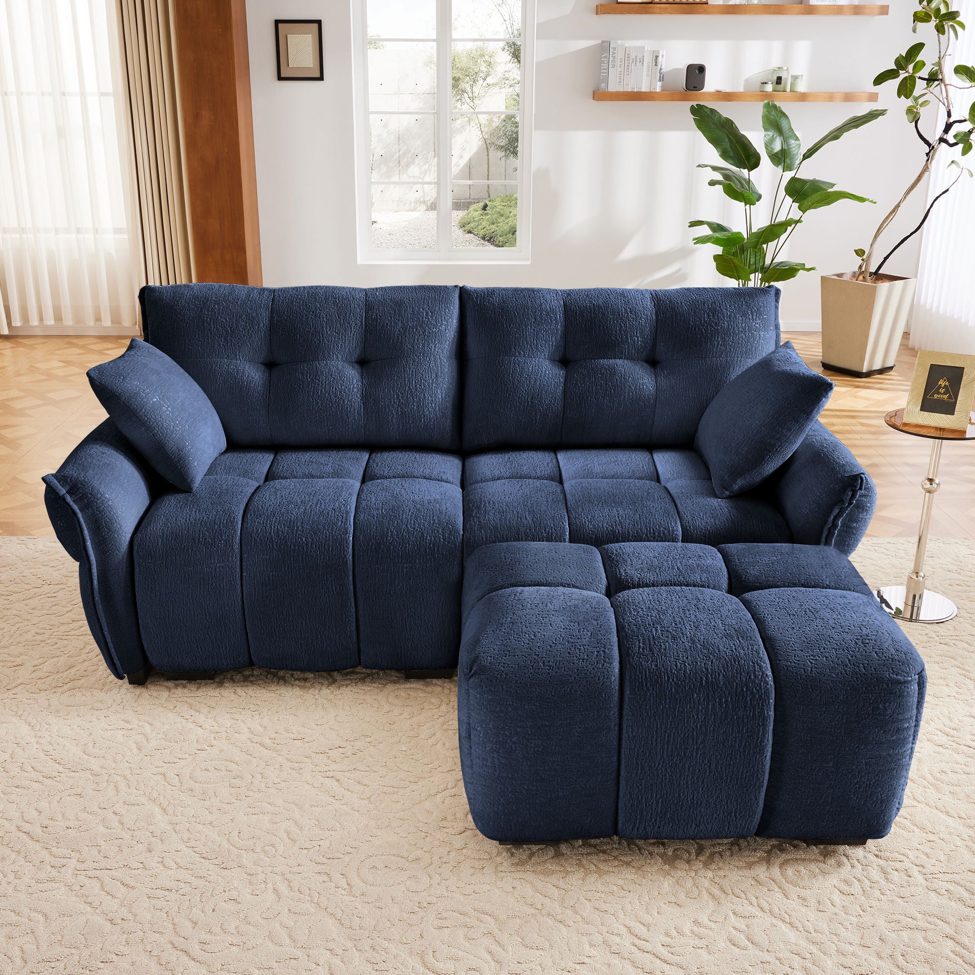 Sofa Set With Ottoman And Pillows, Textured, High Resilience Cushions
