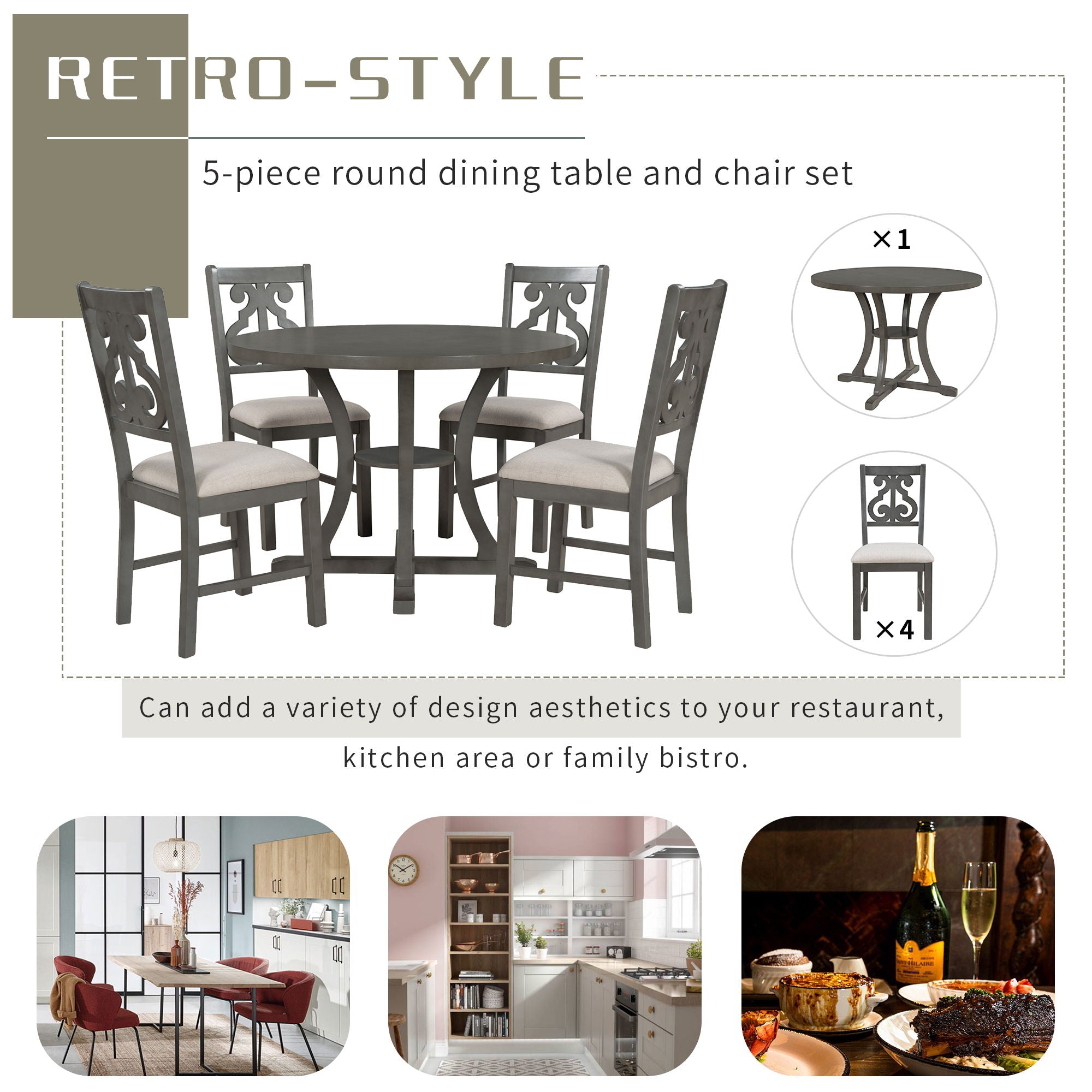 5 Piece Round Dining Table And Chair Set With Unique Legs And Hollow Chair Back