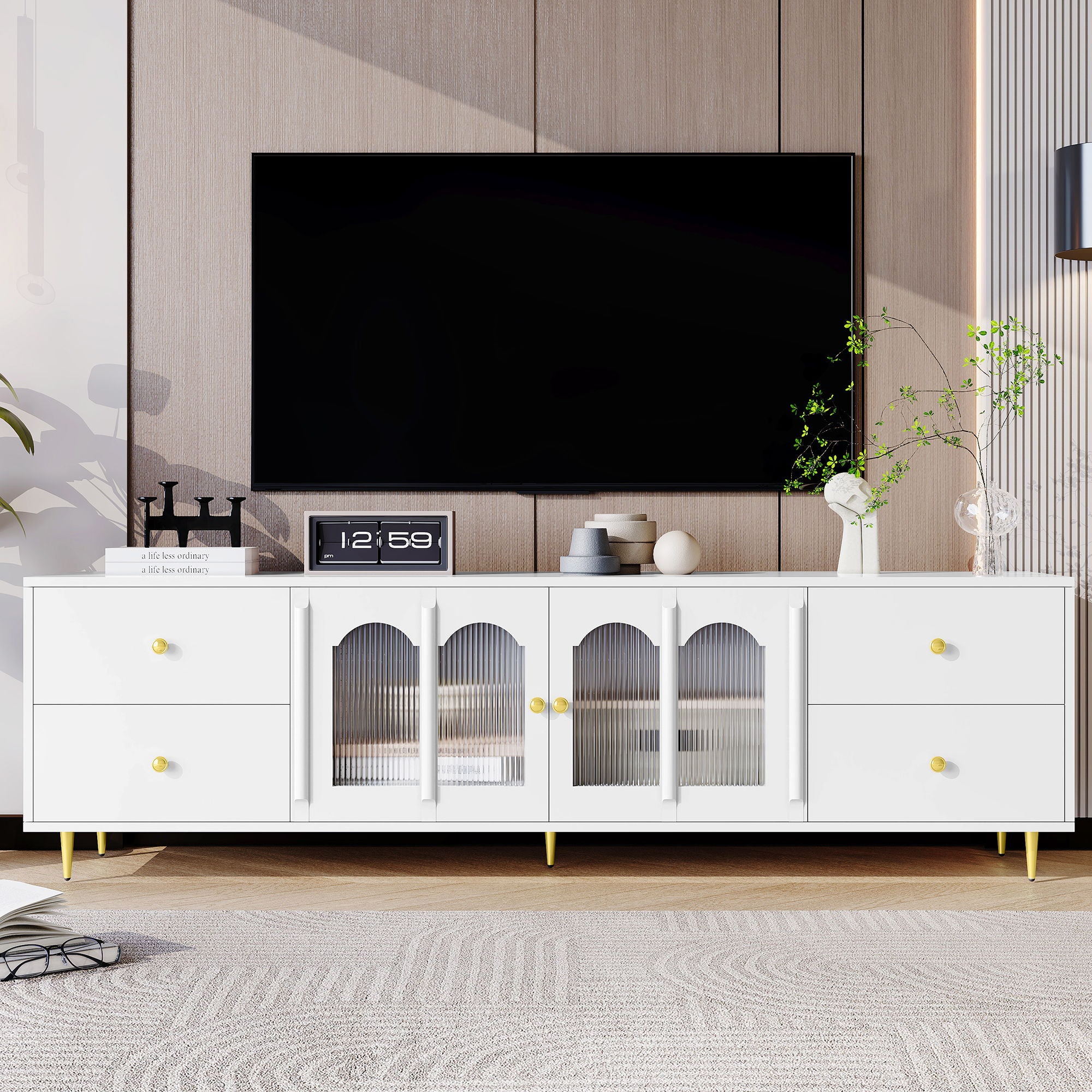 Modern TV Stand With Glass Door, 4 Drawers And 2 Cabinets