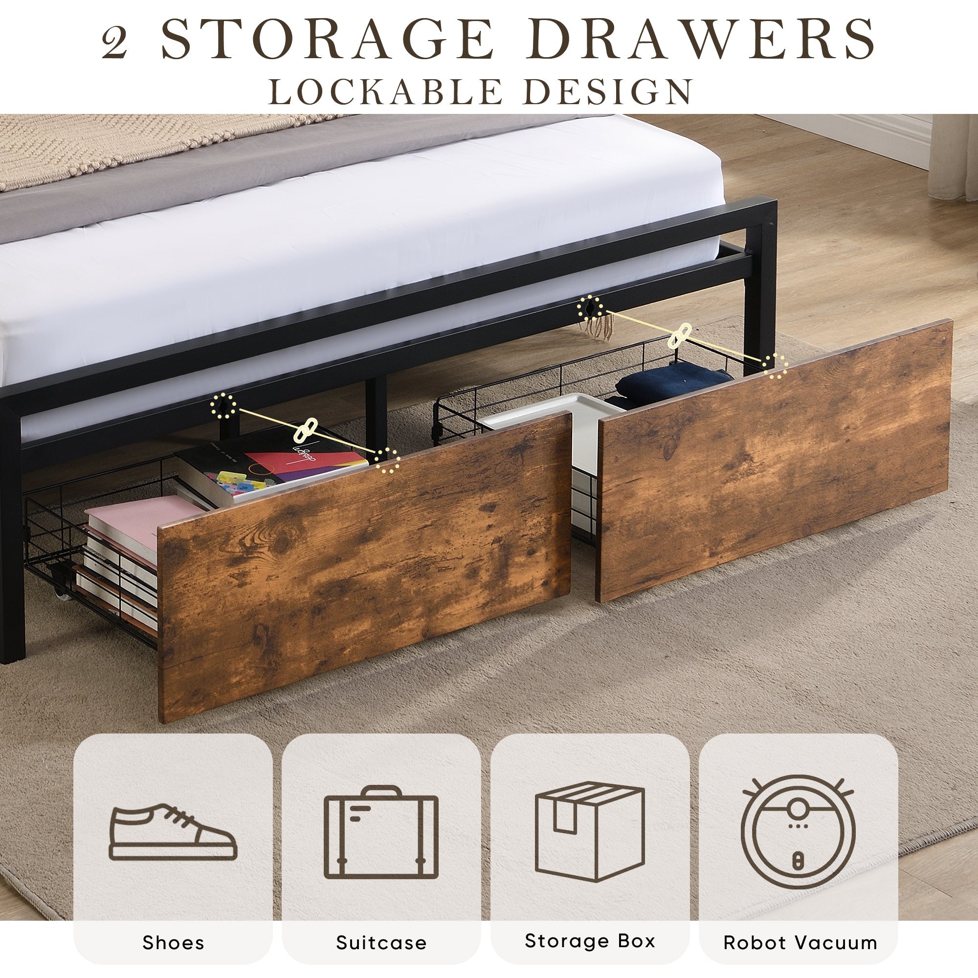 Bed frame with storage, led headboard, drawers & usb port