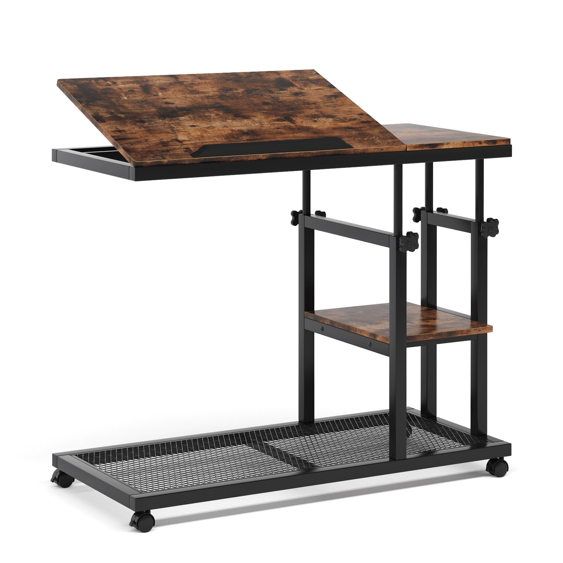 C-Shaped Adjustable End Table With Wheels And Tilting Top With Side Pocket And Storage Shelf - Brown / Black