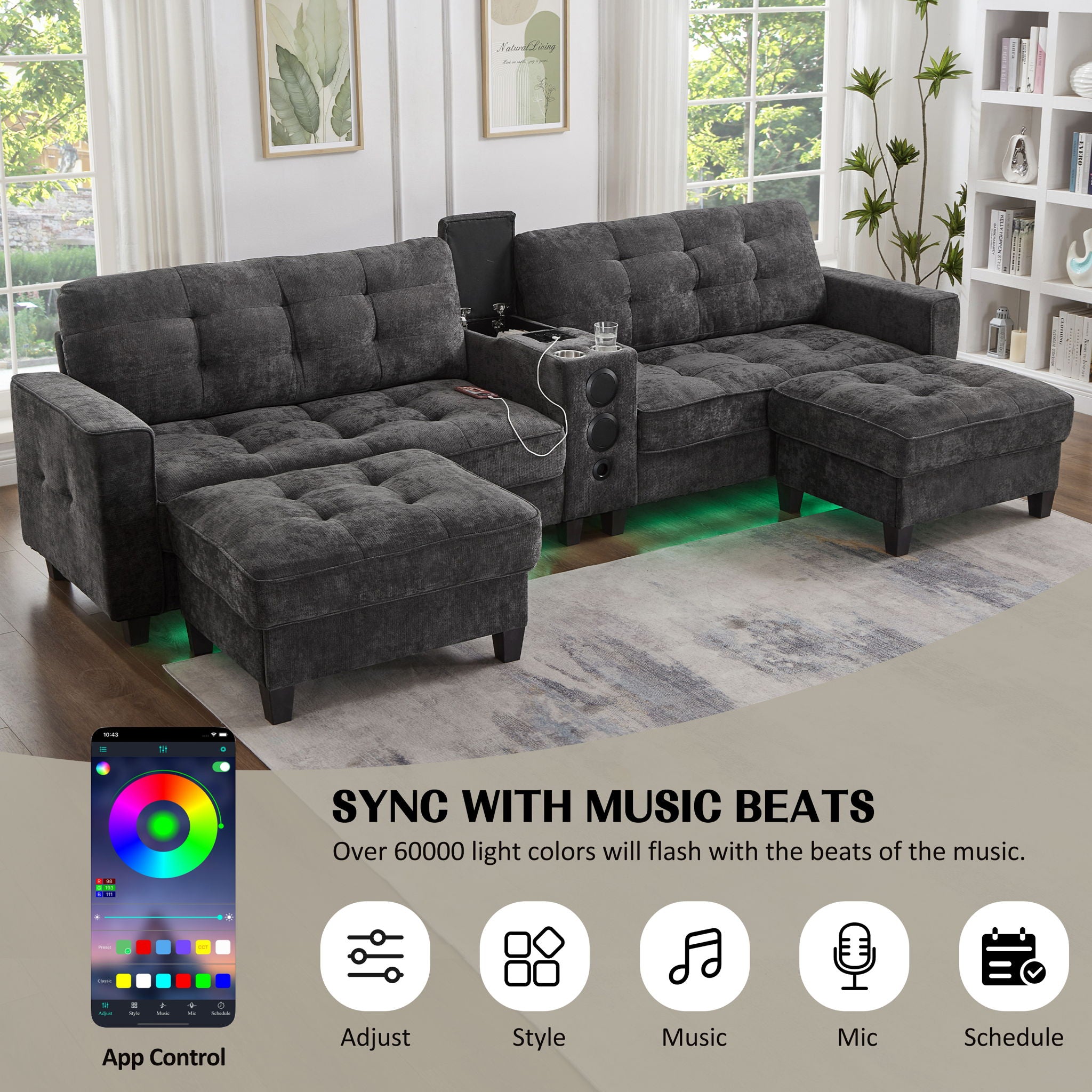 Modern Sectional Sofa U-Shaped With Movable Ottomans, Bluetooth Speakers, LED Lights And Modular Storage