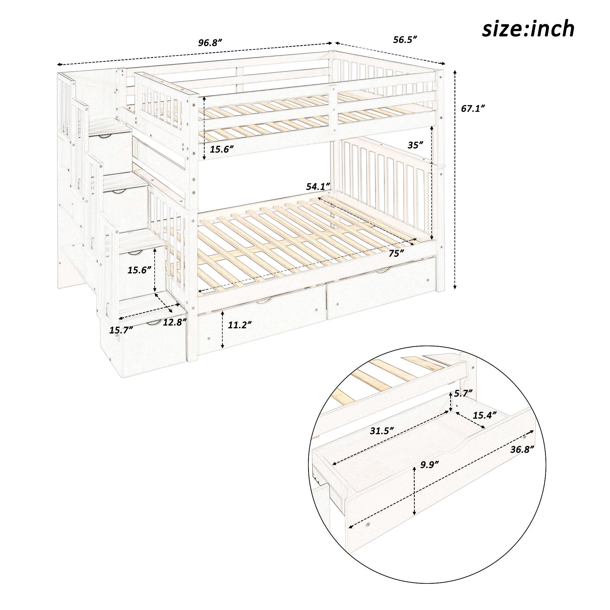 Bunk Bed With Shelves And 6 Storage Drawers