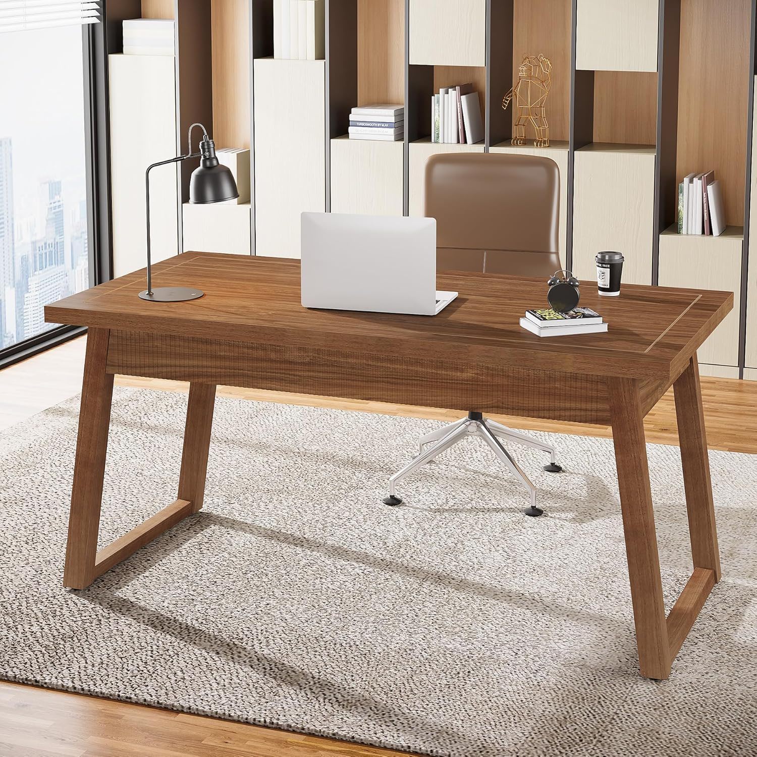 Executive Desk With Drawer, Workstation Table For Home Office - Walnut Brown