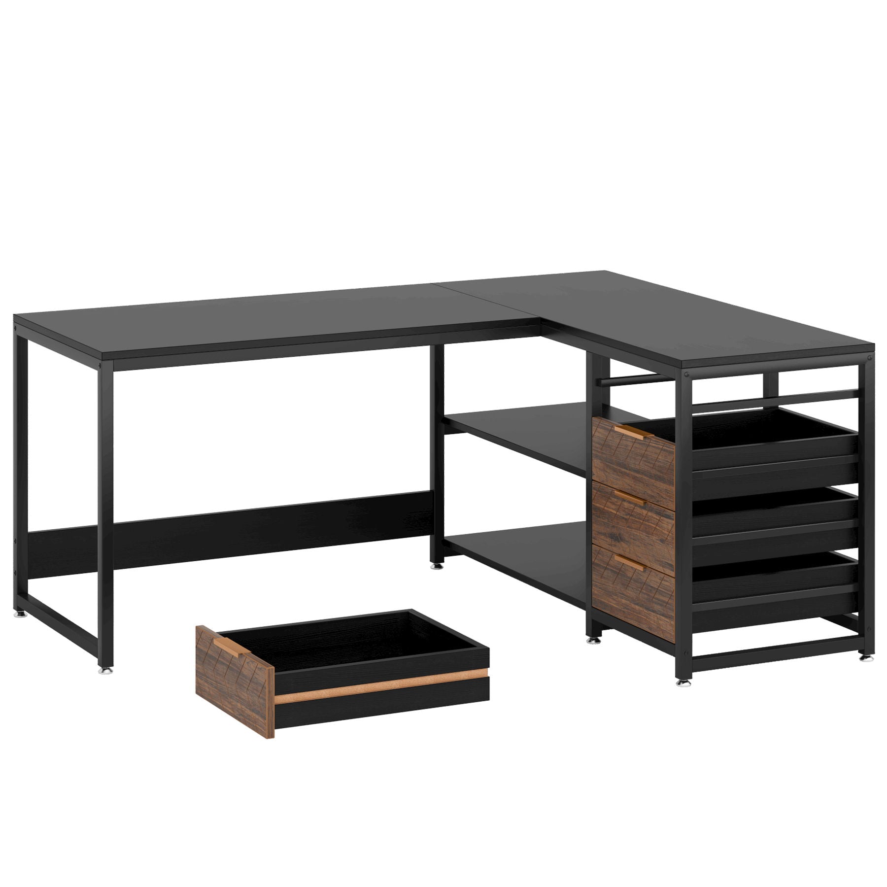 L-Shaped Computer Desk With Drawers And Shelves, Workstation For Home Office