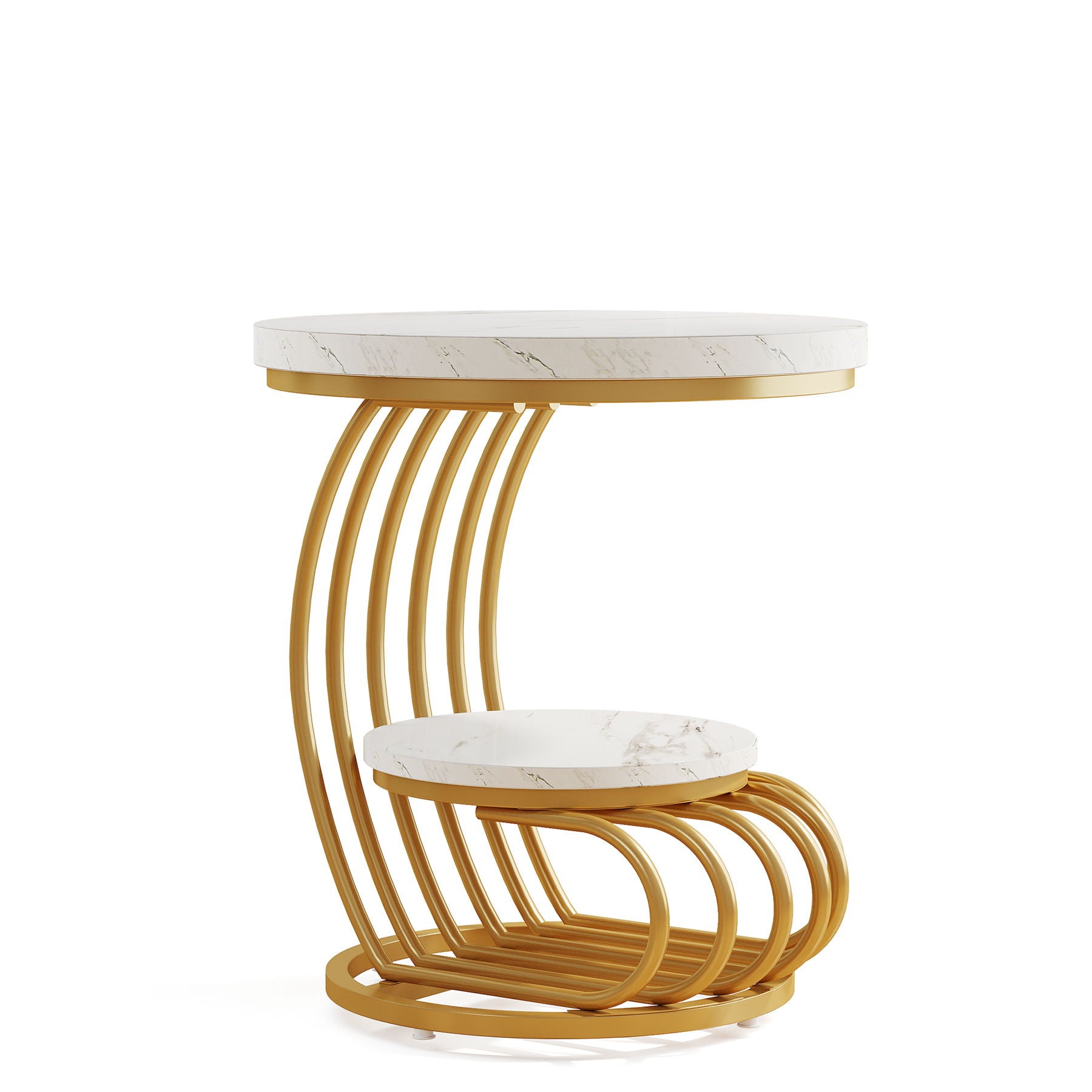 Round Vintage End Table With 2 Tier Storage