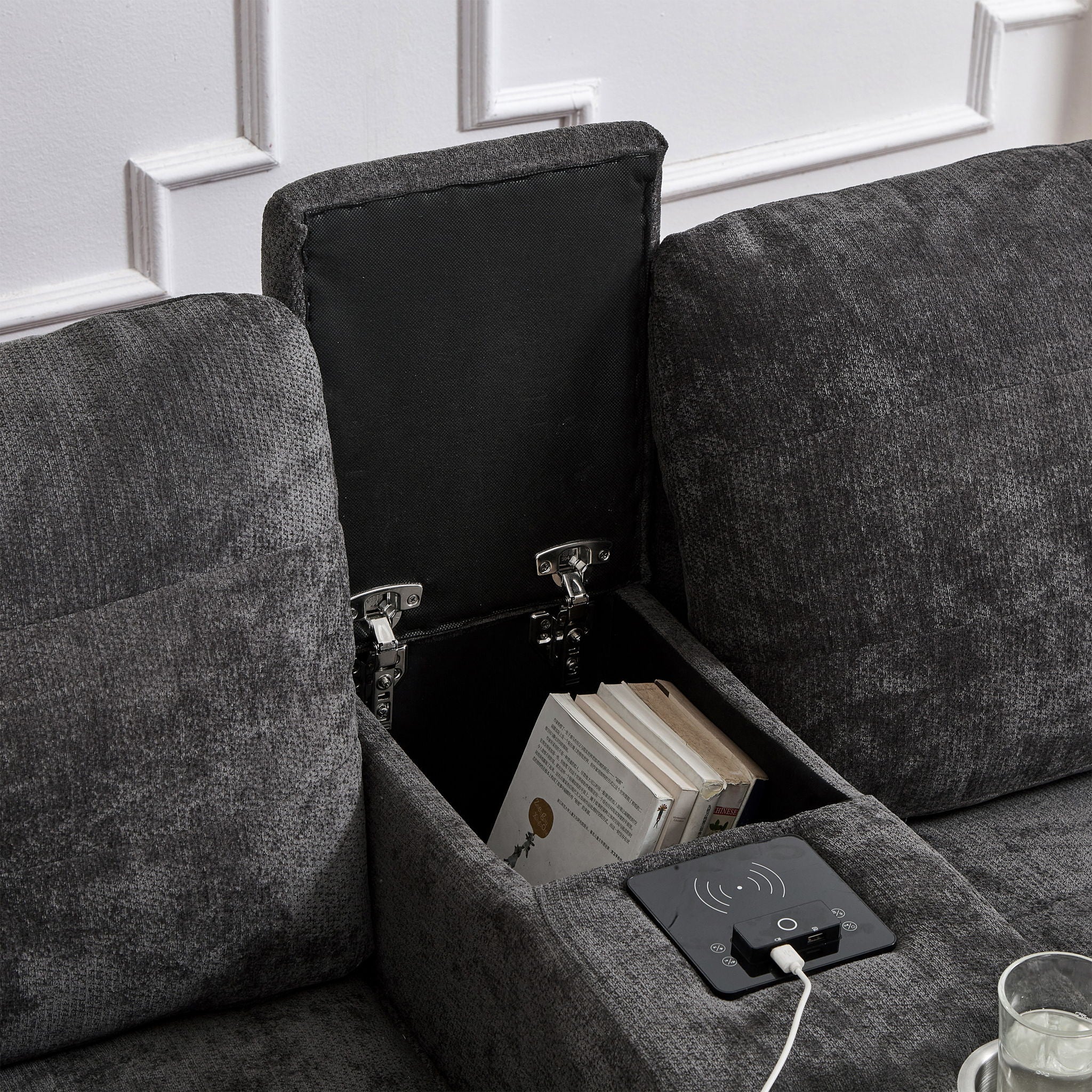 Modern Sectional Sofa U-Shaped With Movable Ottomans, Bluetooth Speakers, LED Lights And Modular Storage