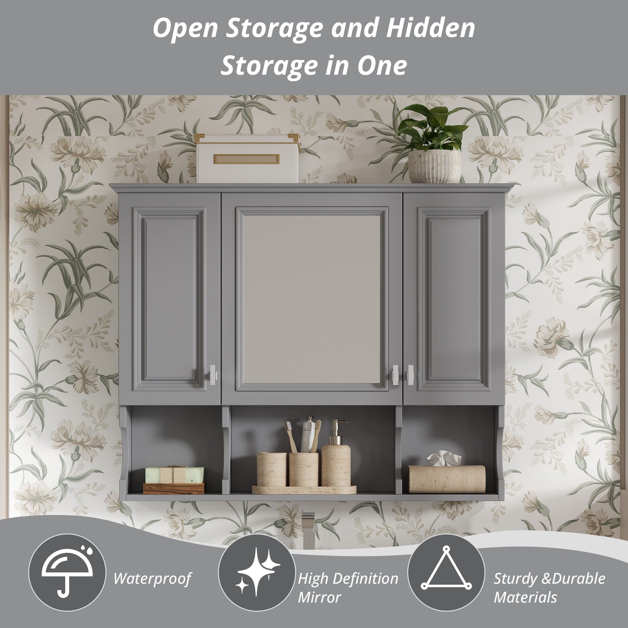 Wall Mounted Bathroom Medicine Wall Cabinet With Mirror & Open Shelves