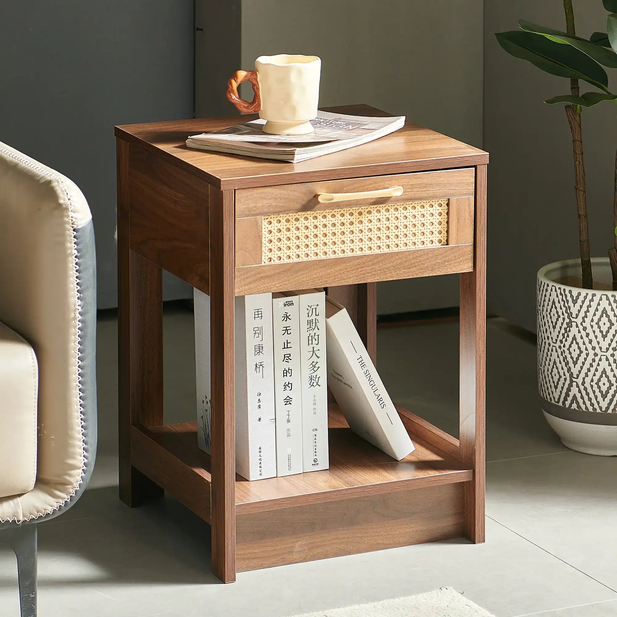 Modern Walnut Rattan Nightstand with Drawer - Best Buy Furniture
