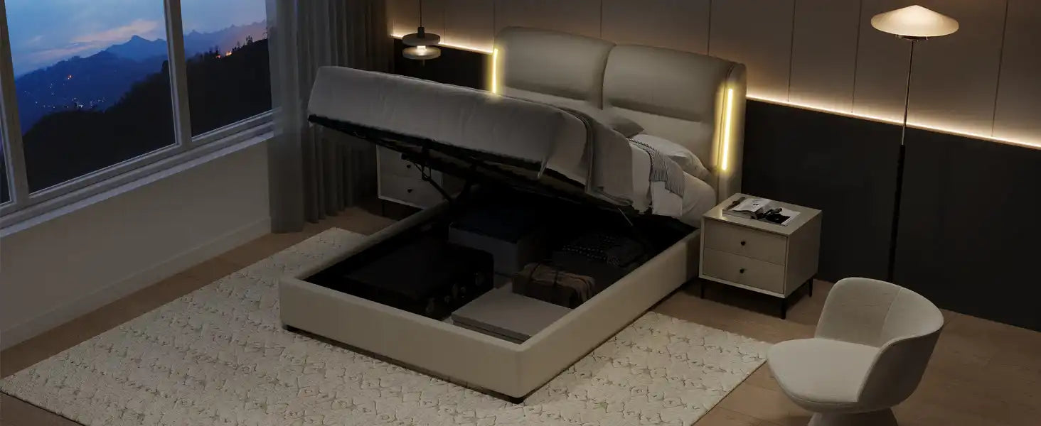 Upholstered Queen Size Hydraulic Platform Bed with Lift Up Storage and Sensor LED Lights - Best Buy Furniture