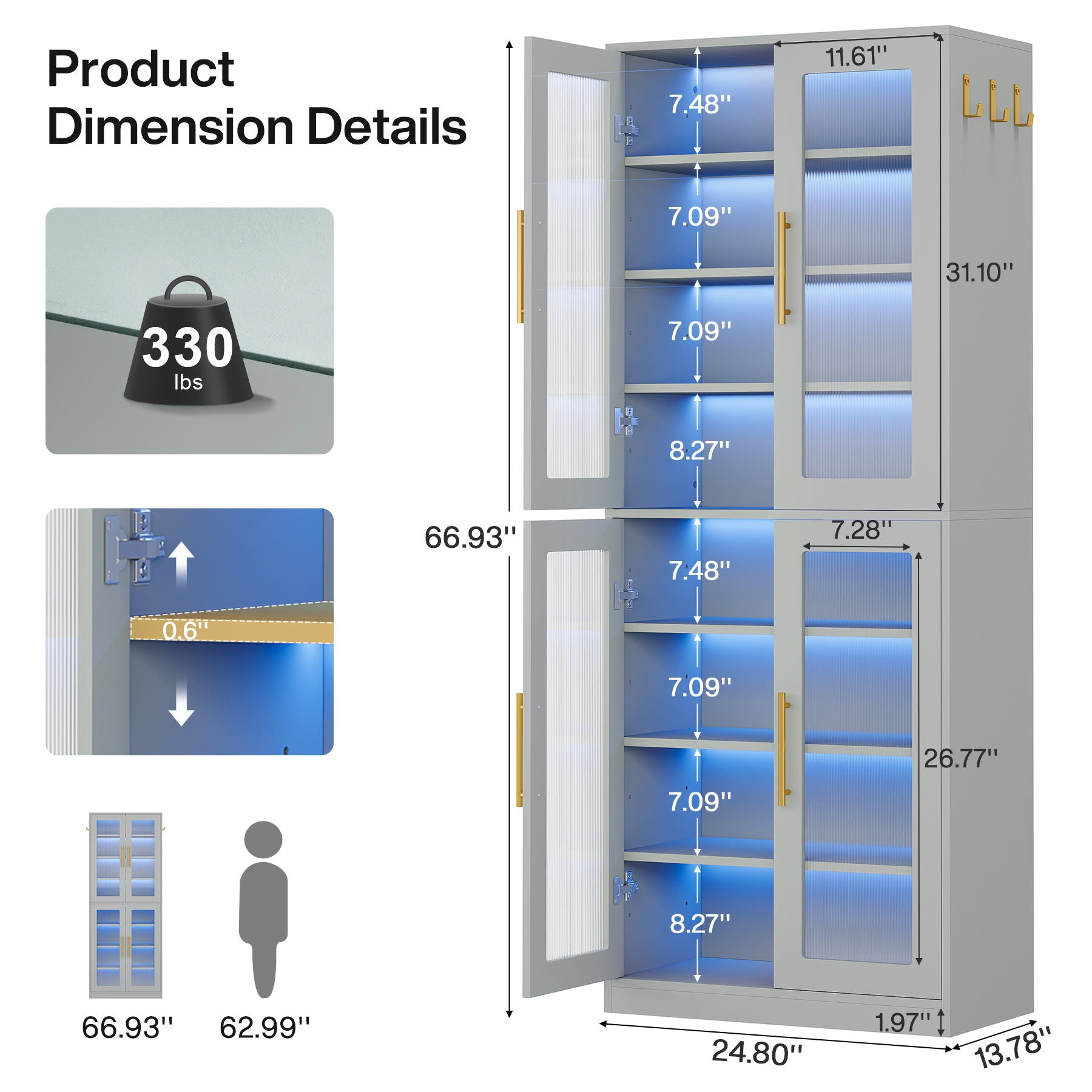 Bookcase With Doors And LED Lighting, 8 Adjustable Shelves Storage Cabinet